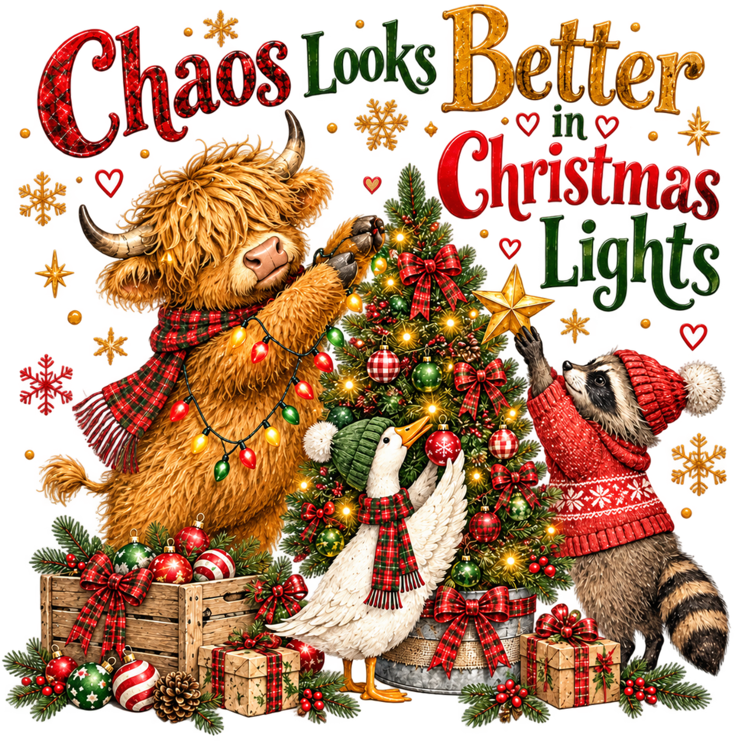 Highland cow in plaid scarf with raccoon and goose decorating Christmas tree, ready to press dtf transfer design