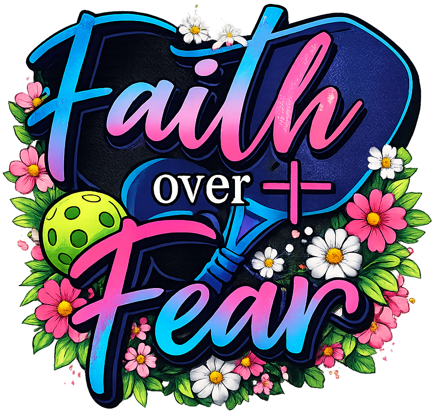 Colorful Faith Over Fear pickleball design with pink flowers and yellow ball, ready to press dtf transfer