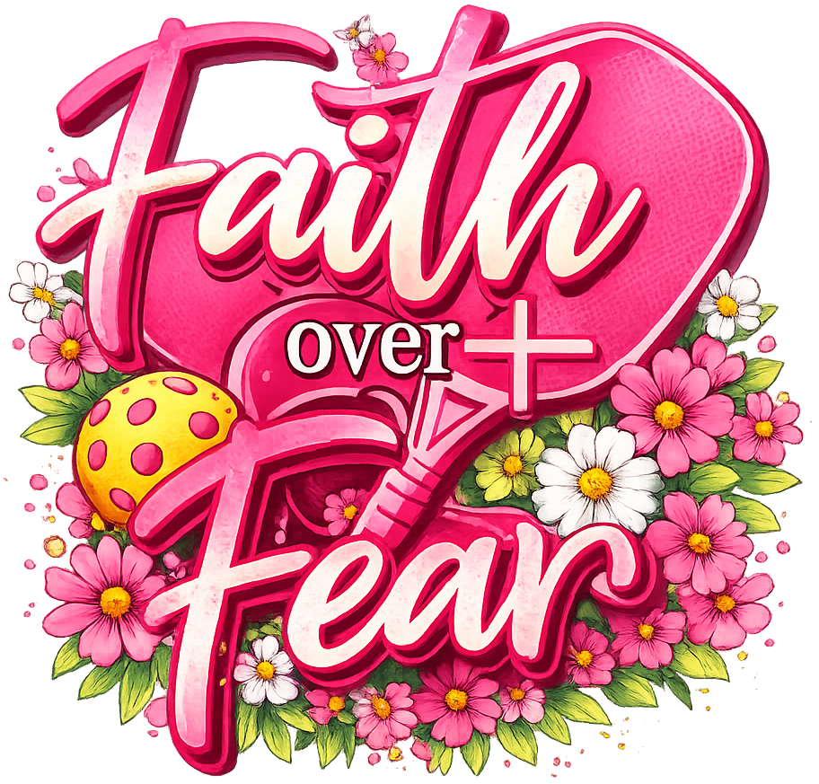 Pink bold text reading 'Faith Over Fear' with cross symbol and colorful flowers, ready to press dtf transfer
