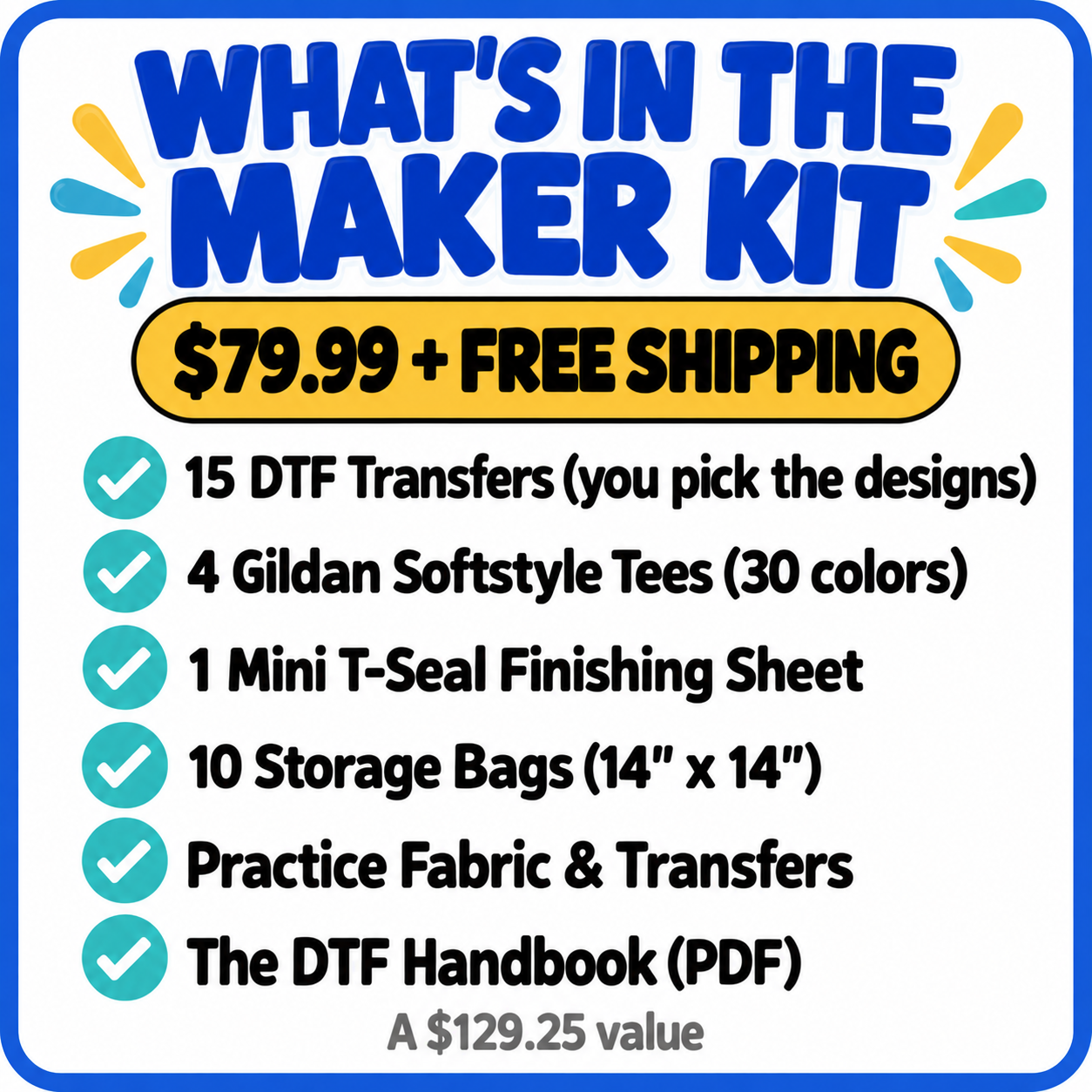 Maker Kit: 15 DTF Transfers + 4 Tees for Heat Press