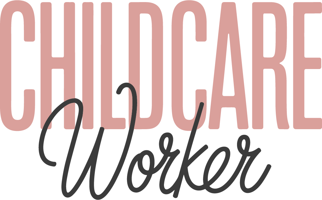 Childcare Worker DTF transfer with pink bold lettering and black script, ready to press dtf transfer design