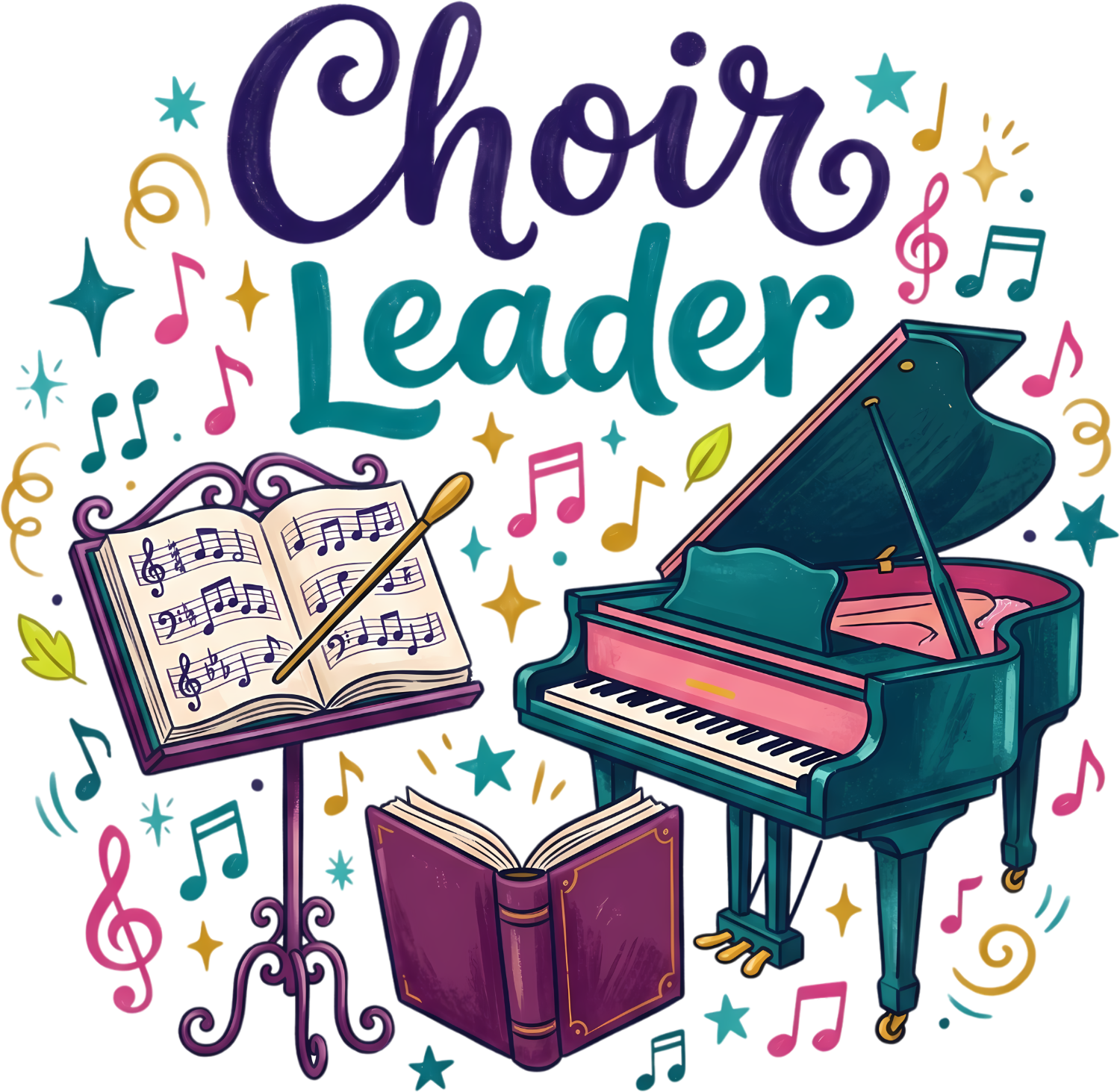 Colorful choir leader design with grand piano, sheet music, and musical notes ready to press dtf transfer