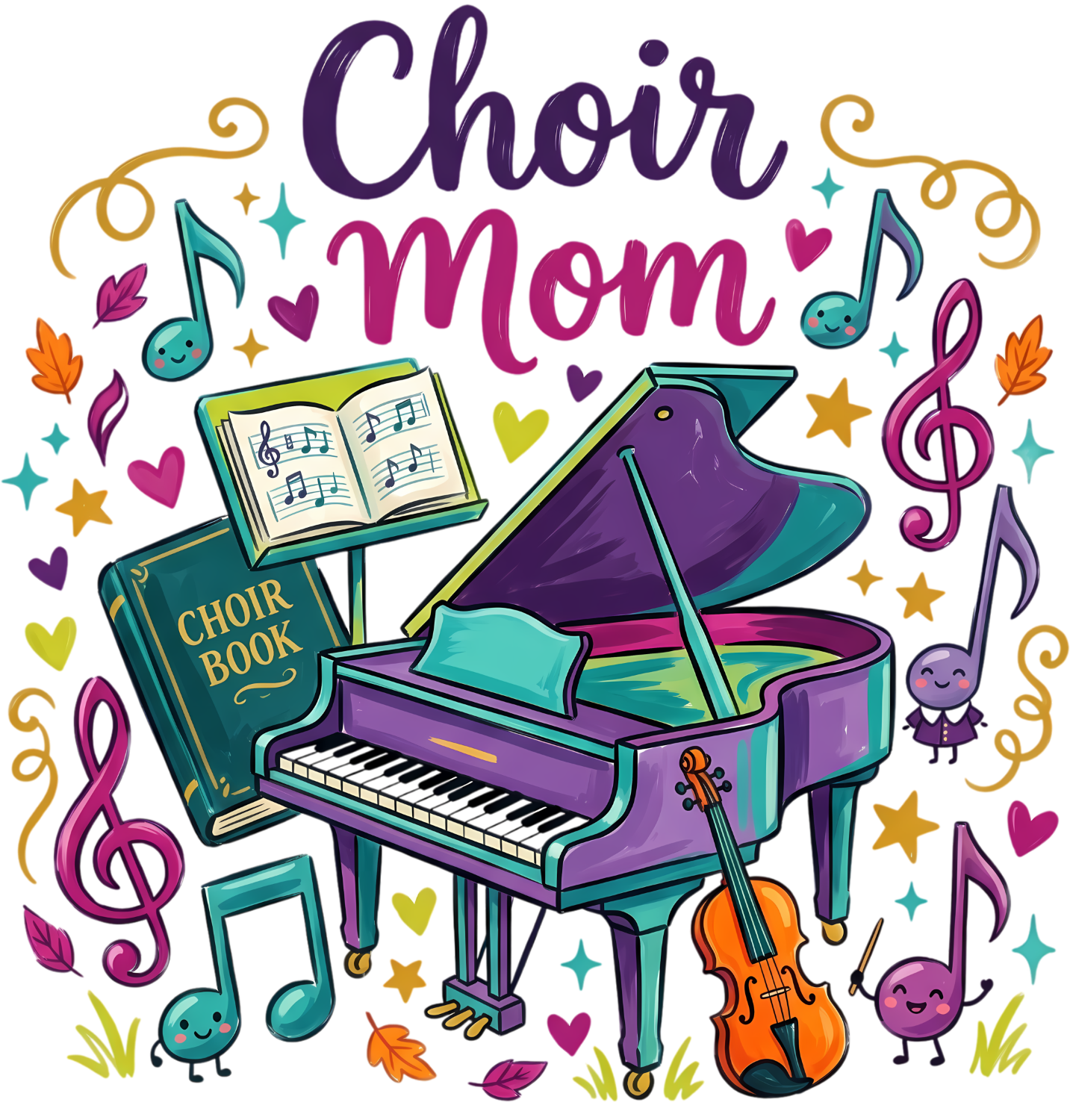 Colorful Choir Mom design with purple grand piano, musical notes, and sheet music ready to press dtf transfer