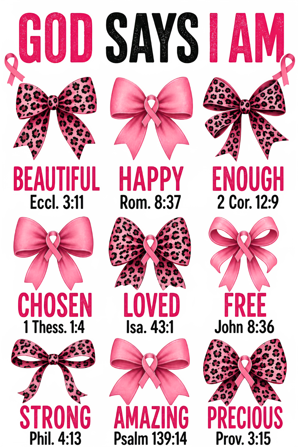 Pink and leopard print bows with faith affirmations including Beautiful, Happy, Enough, Chosen, Loved, Free, Strong, Amazing, and Precious - ready to press dtf transfer