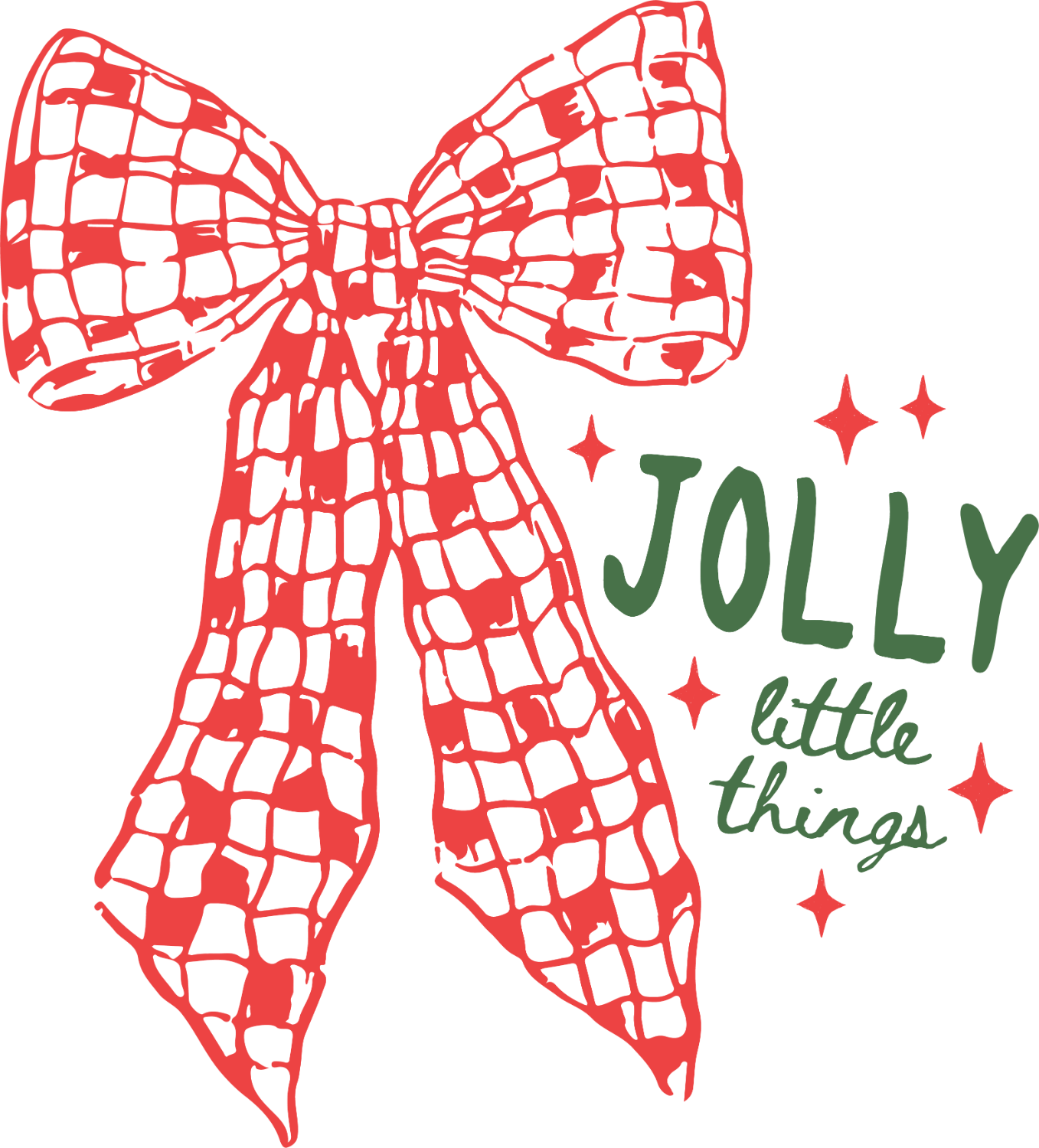 Red plaid checkered bow with green 'Jolly Little Things' text and sparkle accents, ready to press dtf transfer