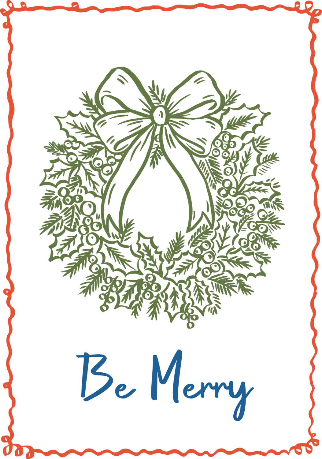 Green holly wreath with red berries and bow ribbon with 'Be Merry' text, ready to press DTF transfer