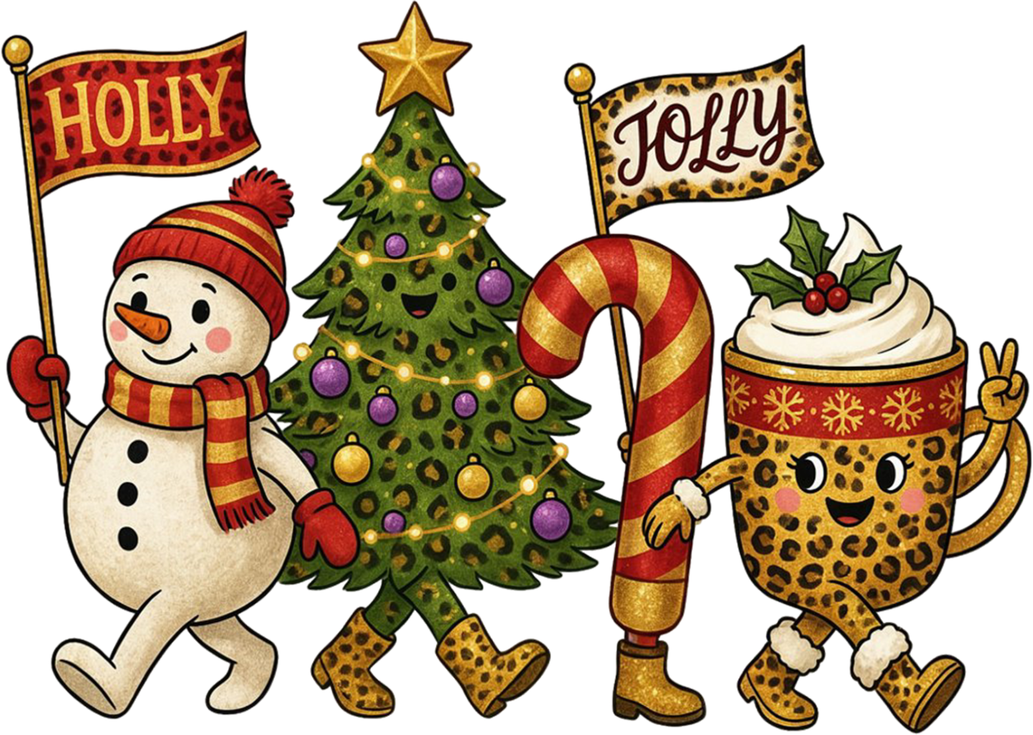 Four whimsical Christmas characters including snowman holding holly flag, decorated tree, candy cane, and cocoa cup ready to press dtf transfer