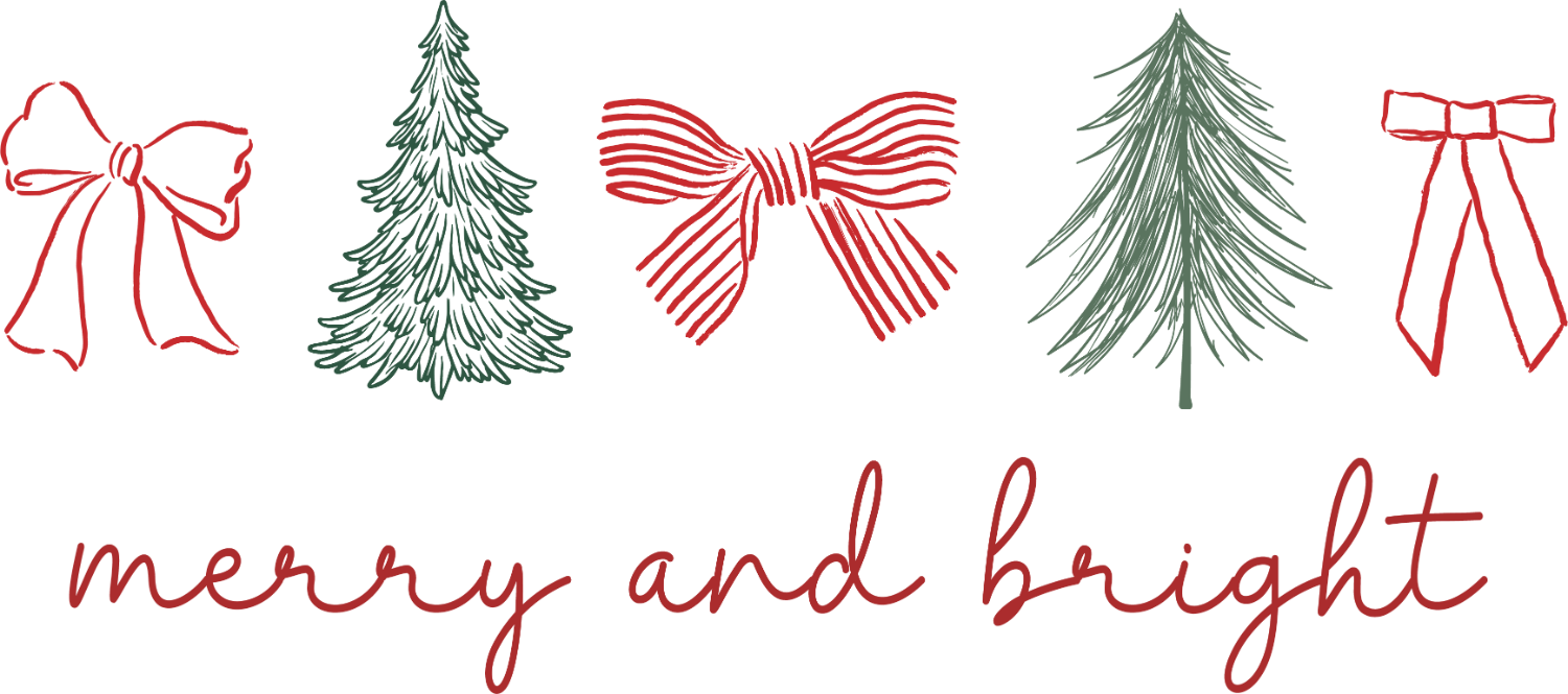 Merry and Bright Christmas design with red bows, trees, and ribbon text ready to press dtf transfer