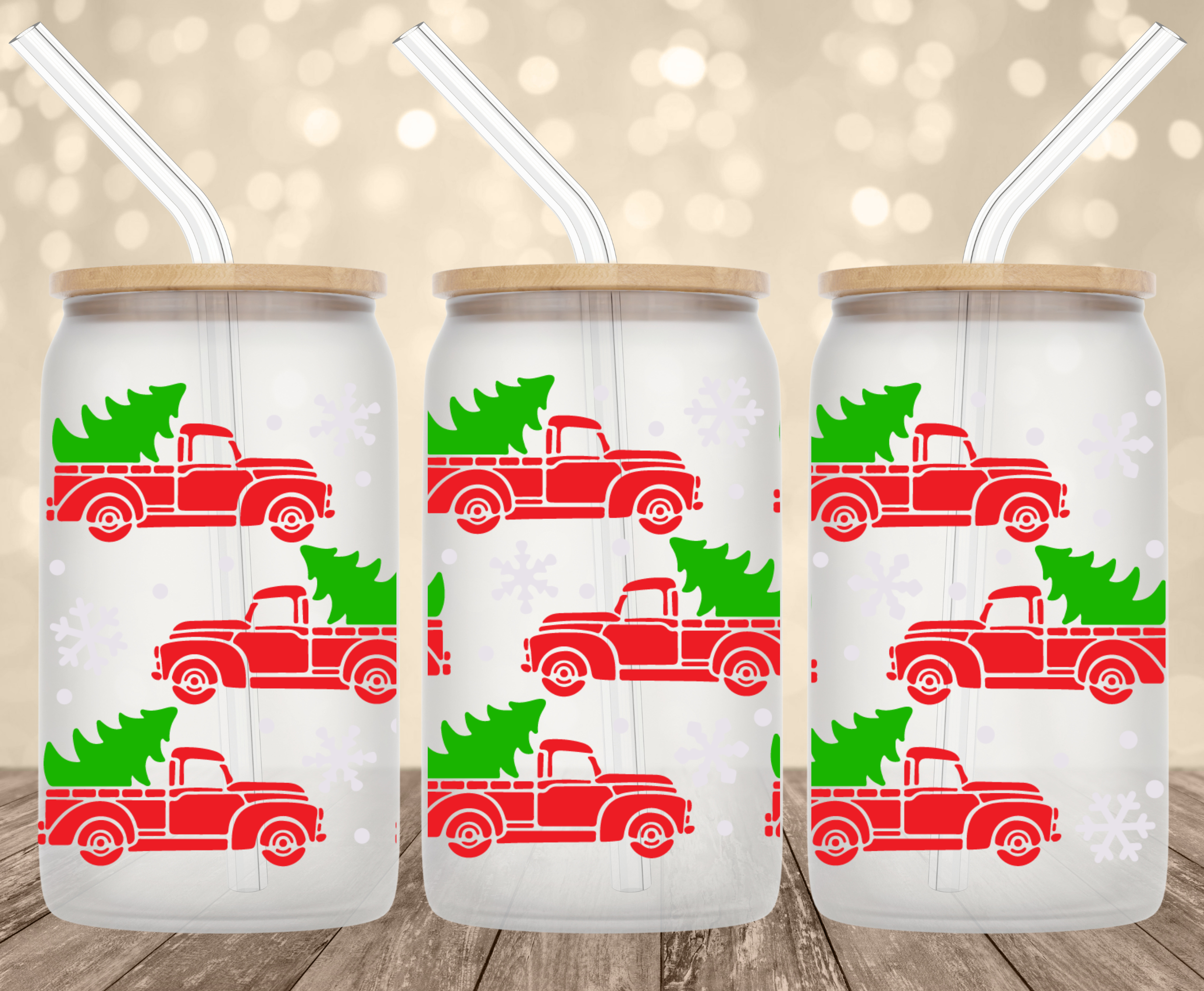 Christmas Tree Truck 16 Oz Glass Can