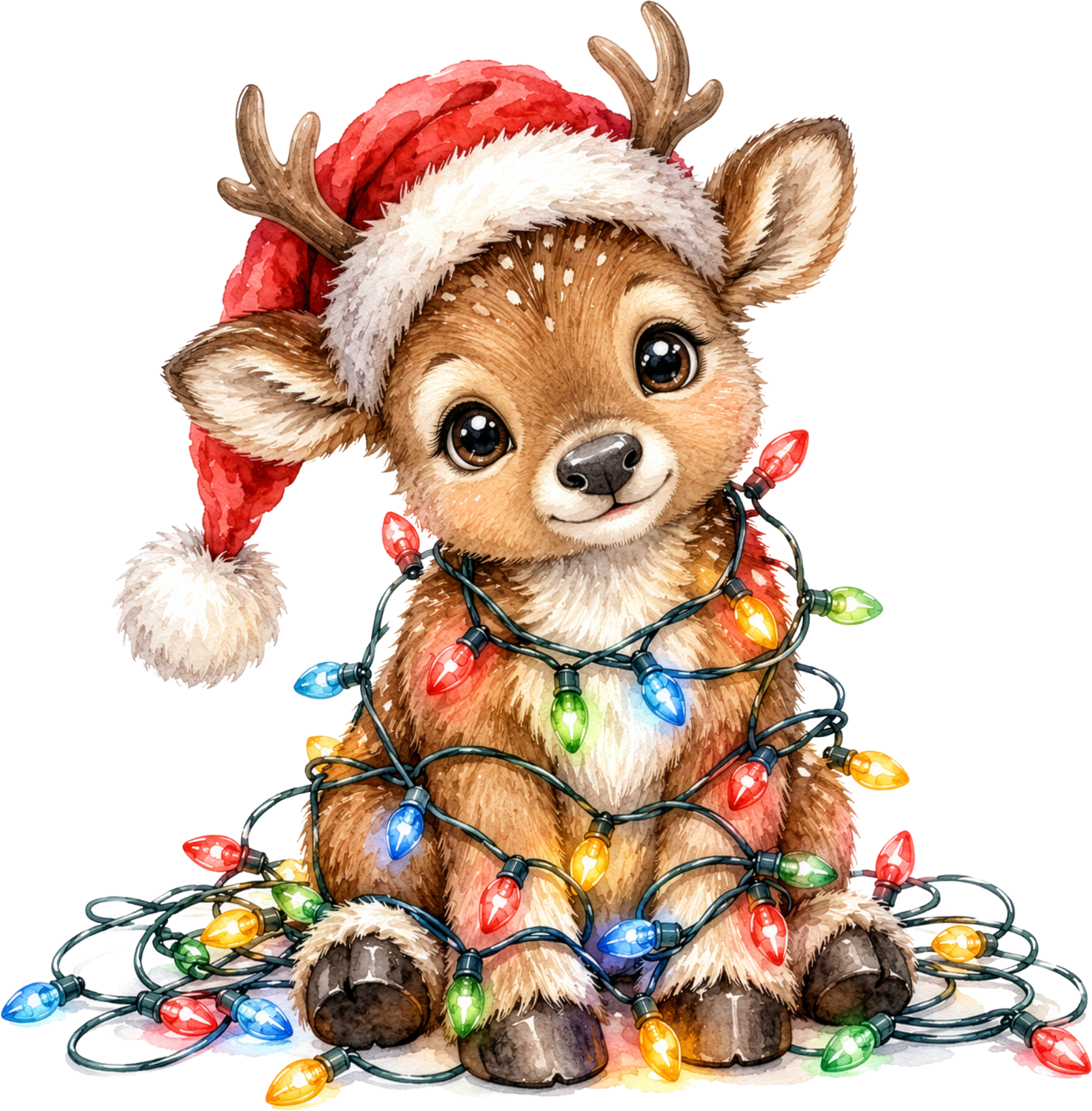 Cute baby reindeer wearing Santa hat wrapped in colorful Christmas lights, ready to press DTF transfer