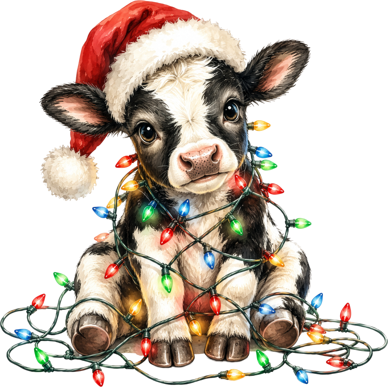 Black and white cow wearing red Santa hat wrapped in multicolor Christmas lights, ready to press dtf transfer
