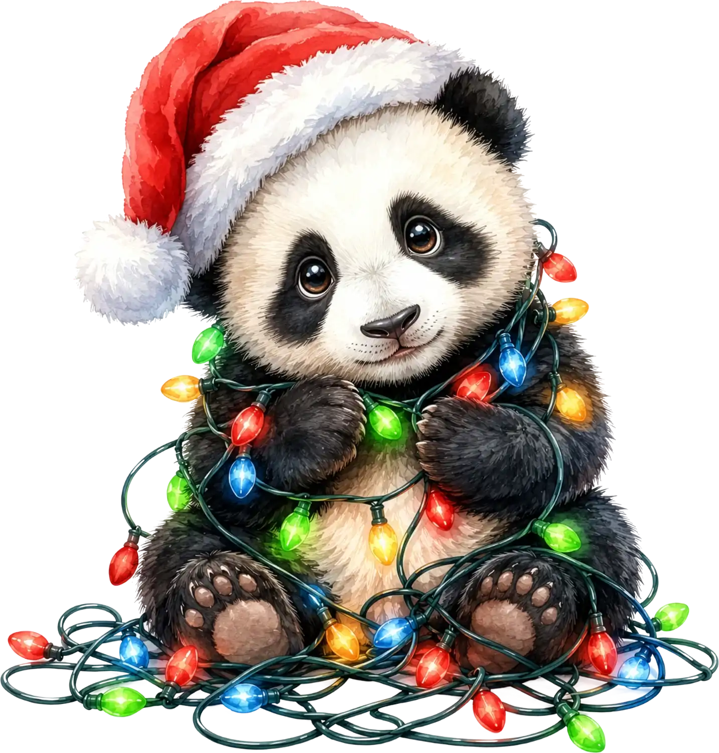 Cute panda wearing red Santa hat surrounded by colorful Christmas lights, ready to press dtf transfer