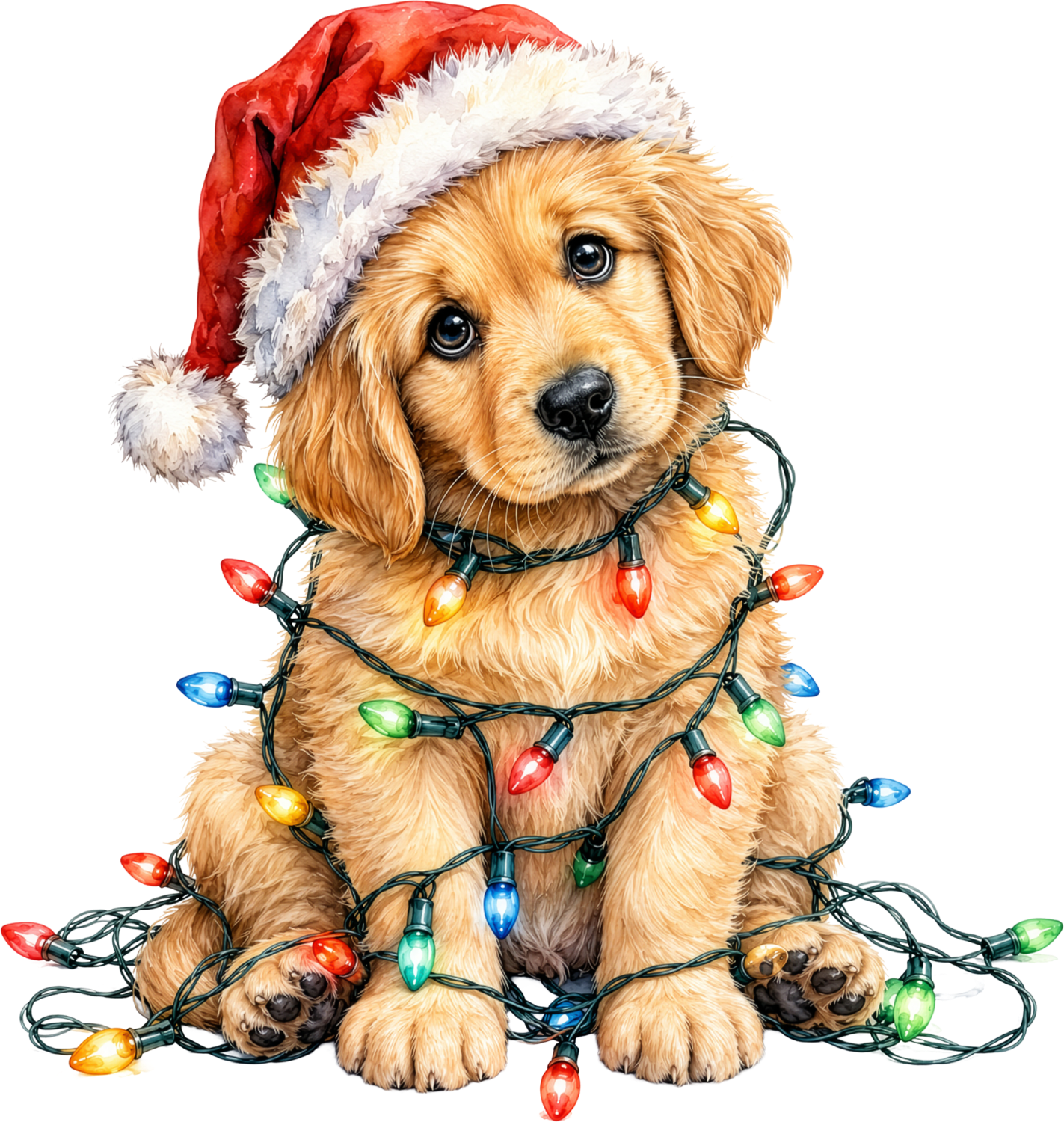 Golden retriever in Santa hat wrapped in multicolored Christmas lights ready to press dtf transfer