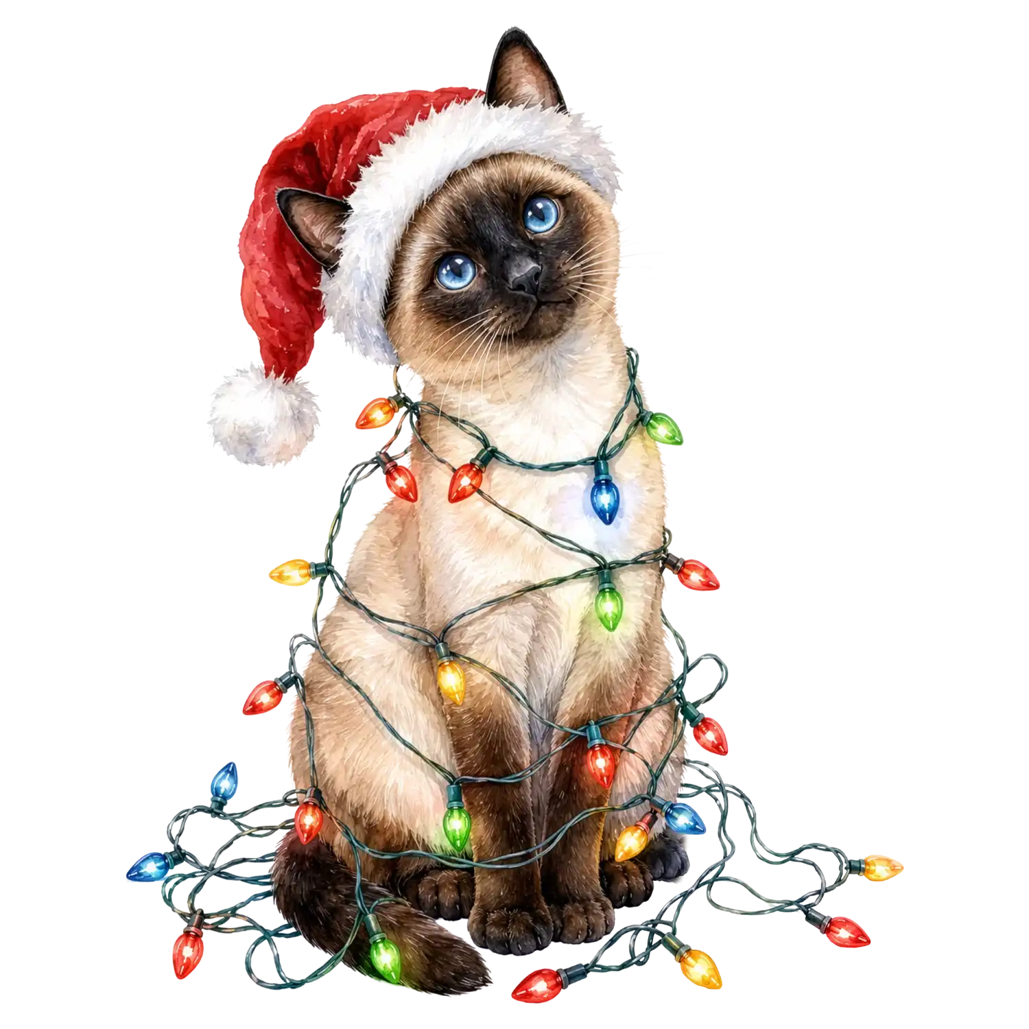Siamese cat wearing red Santa hat and wrapped in colorful Christmas lights, ready to press dtf transfer