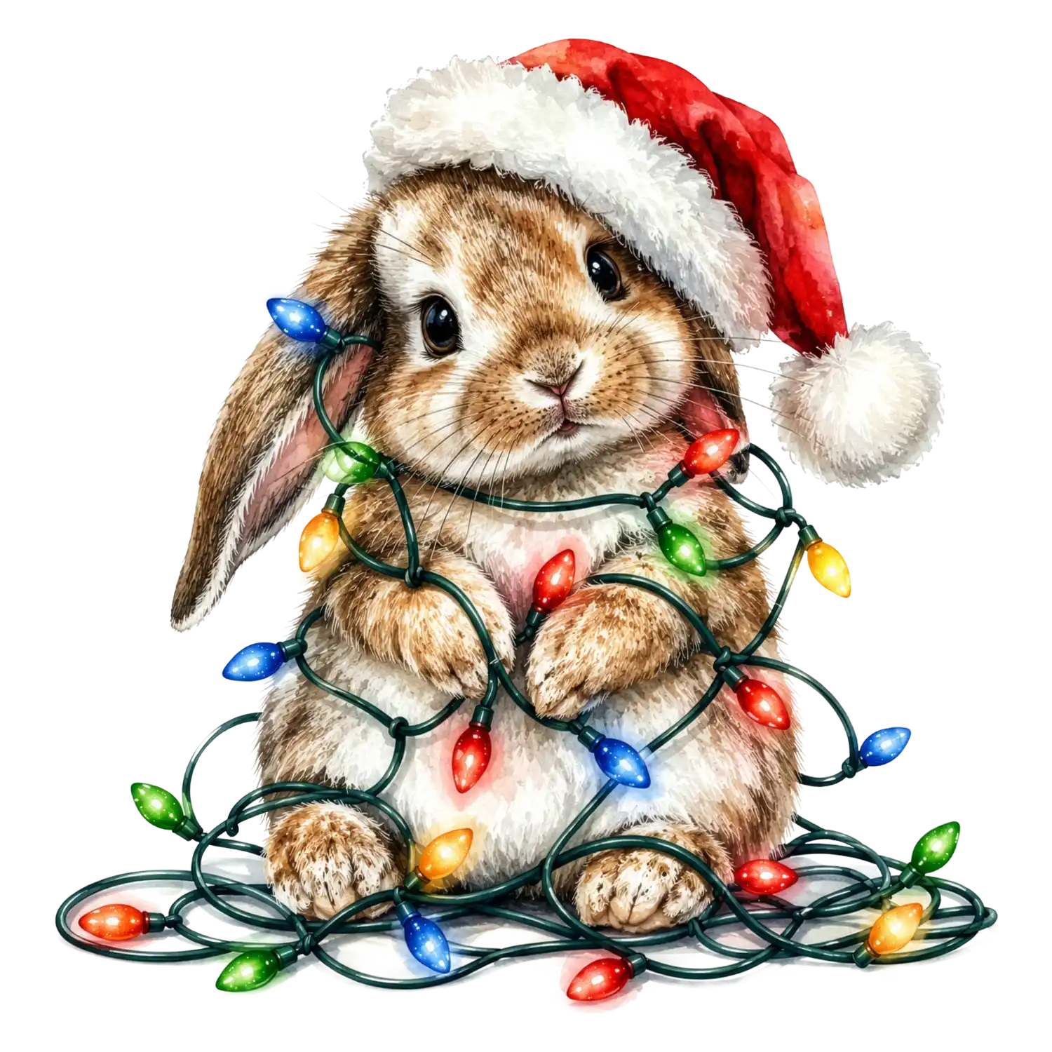 Cute brown bunny wearing red Santa hat wrapped in colorful Christmas lights, ready to press dtf transfer