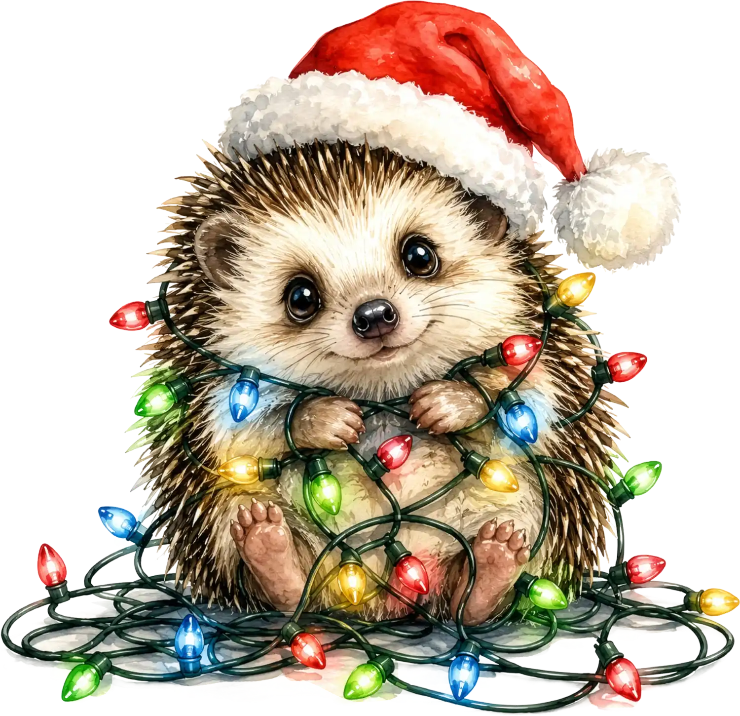 Cute hedgehog wearing red Santa hat wrapped in multicolored Christmas lights, ready to press dtf transfer design