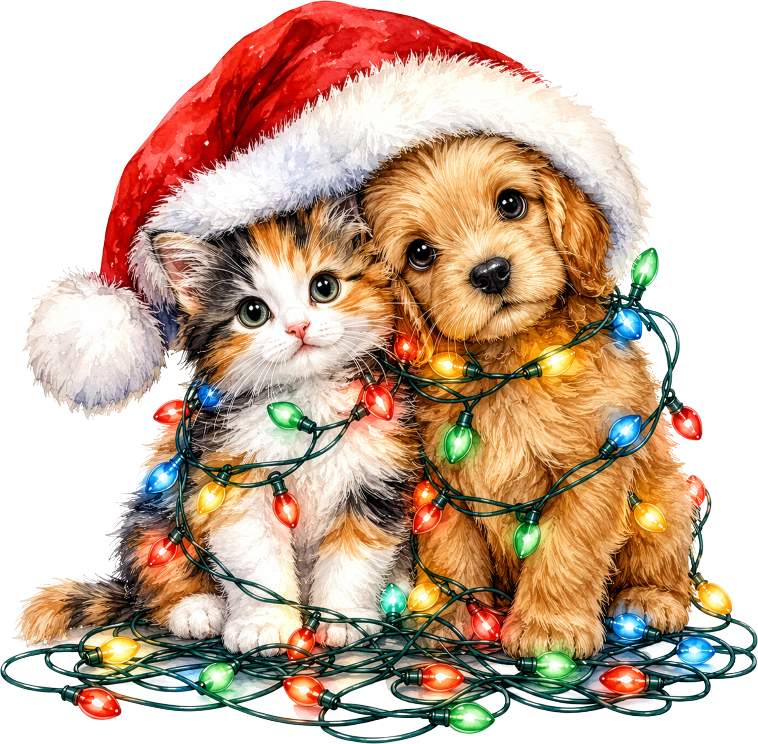 Cute puppy and kitten wearing Santa hat with colorful Christmas lights, ready to press dtf transfer design