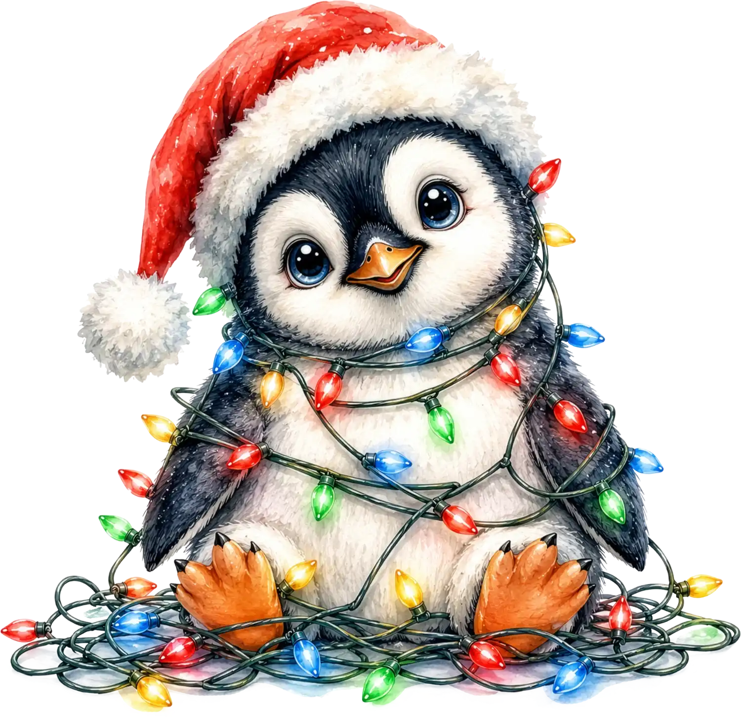 Cute penguin with Santa hat wrapped in colorful Christmas lights, ready to press dtf transfer on white background