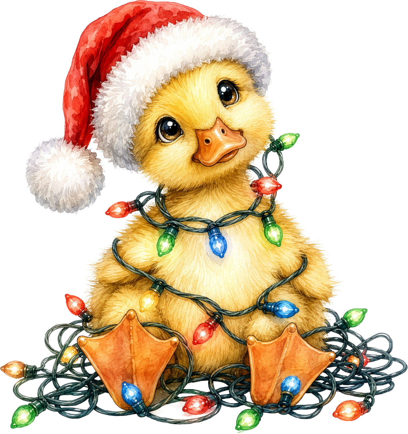 Cute yellow duckling wearing Santa hat and Christmas lights ready to press dtf transfer design
