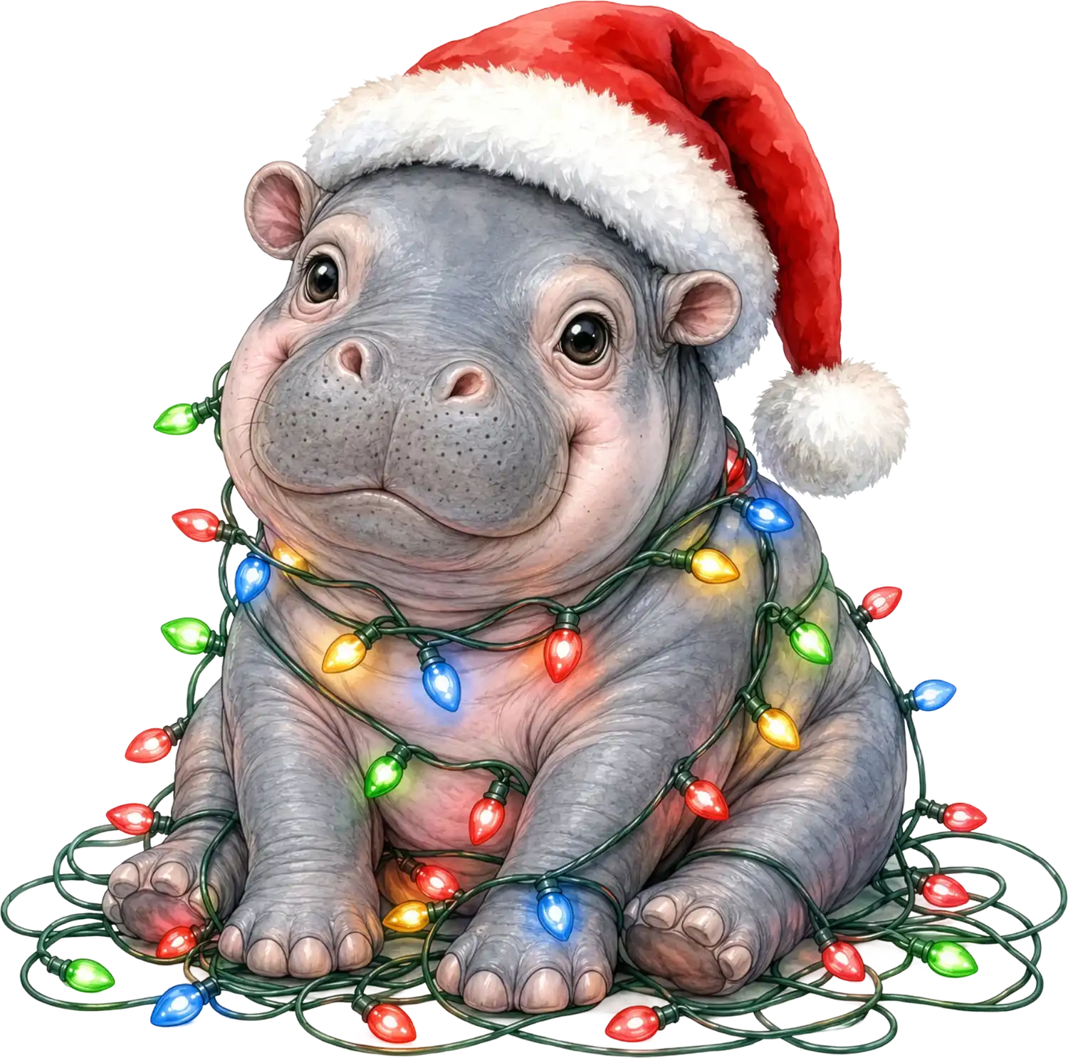 Cute hippo wearing red Santa hat wrapped in colorful Christmas lights, ready to press dtf transfer