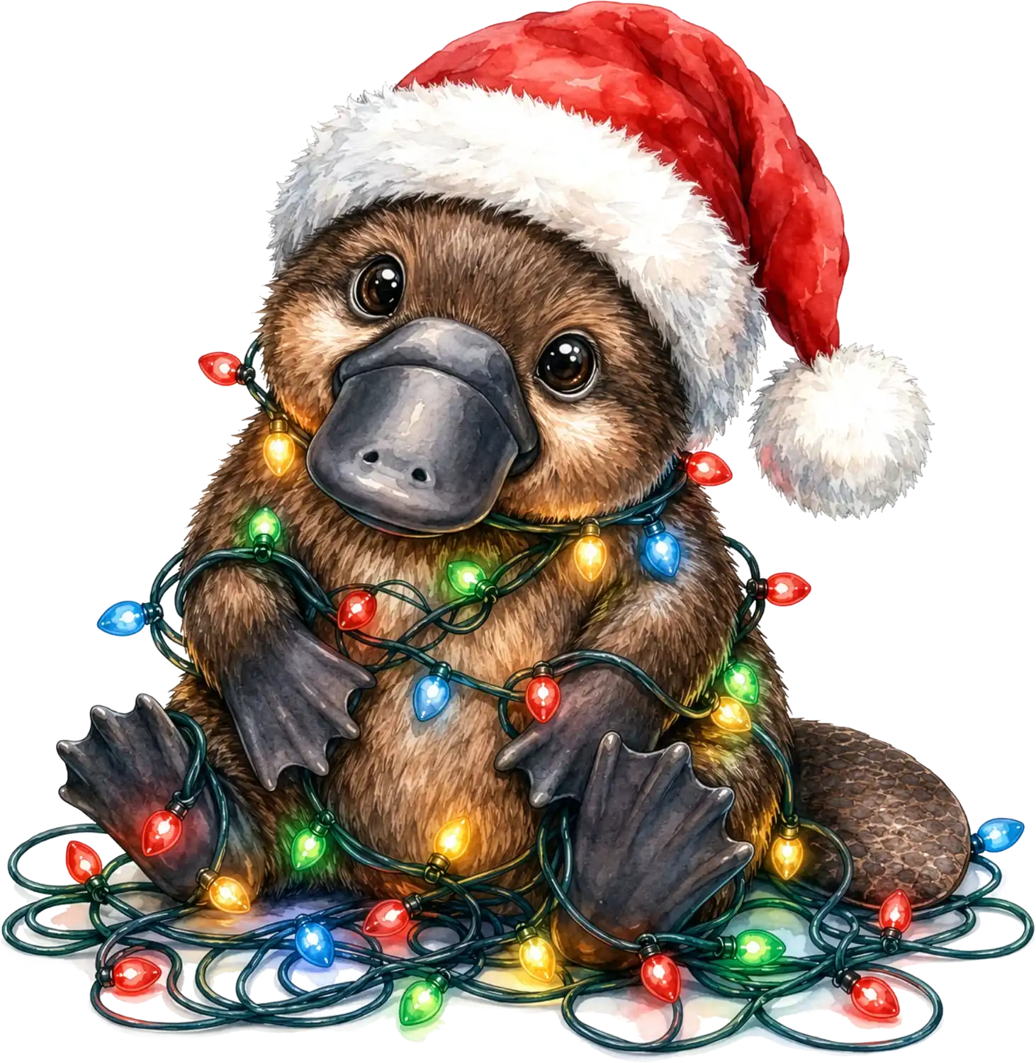 Cute platypus wearing Santa hat tangled in colorful Christmas lights, ready to press dtf transfer