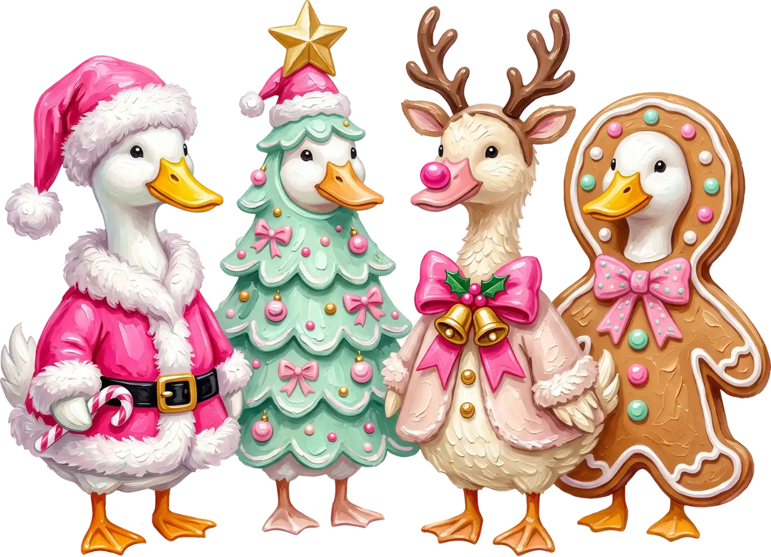 Four festive ducks dressed in Christmas attire—pink Santa outfit, green tree dress, reindeer, and gingerbread cookie design—ready to press dtf transfer