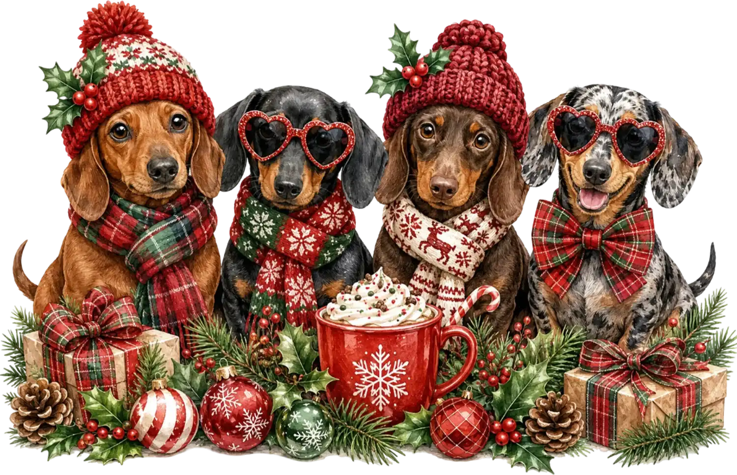 Four festive dachshunds wearing red knit hats, plaid bow ties, and snowflake sweaters, ready to press dtf transfer