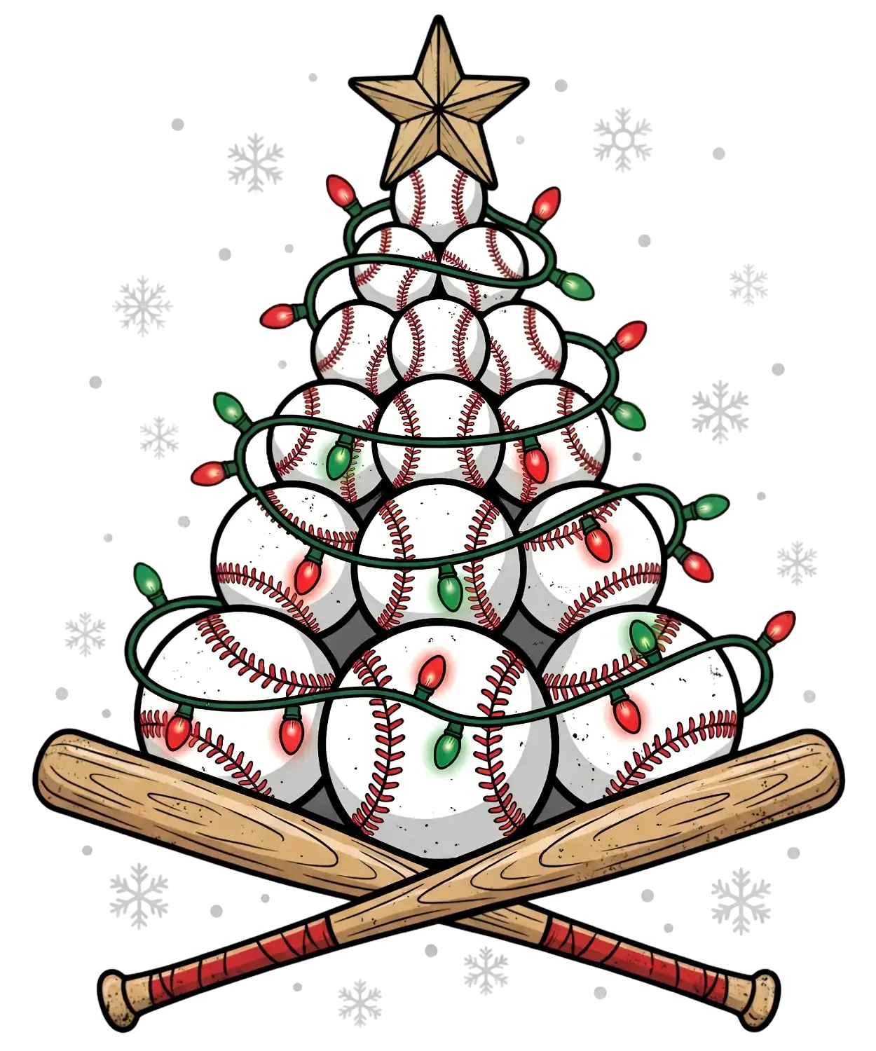 Baseball Christmas tree made of stacked baseballs with red and green holiday lights, ready to press dtf transfer
