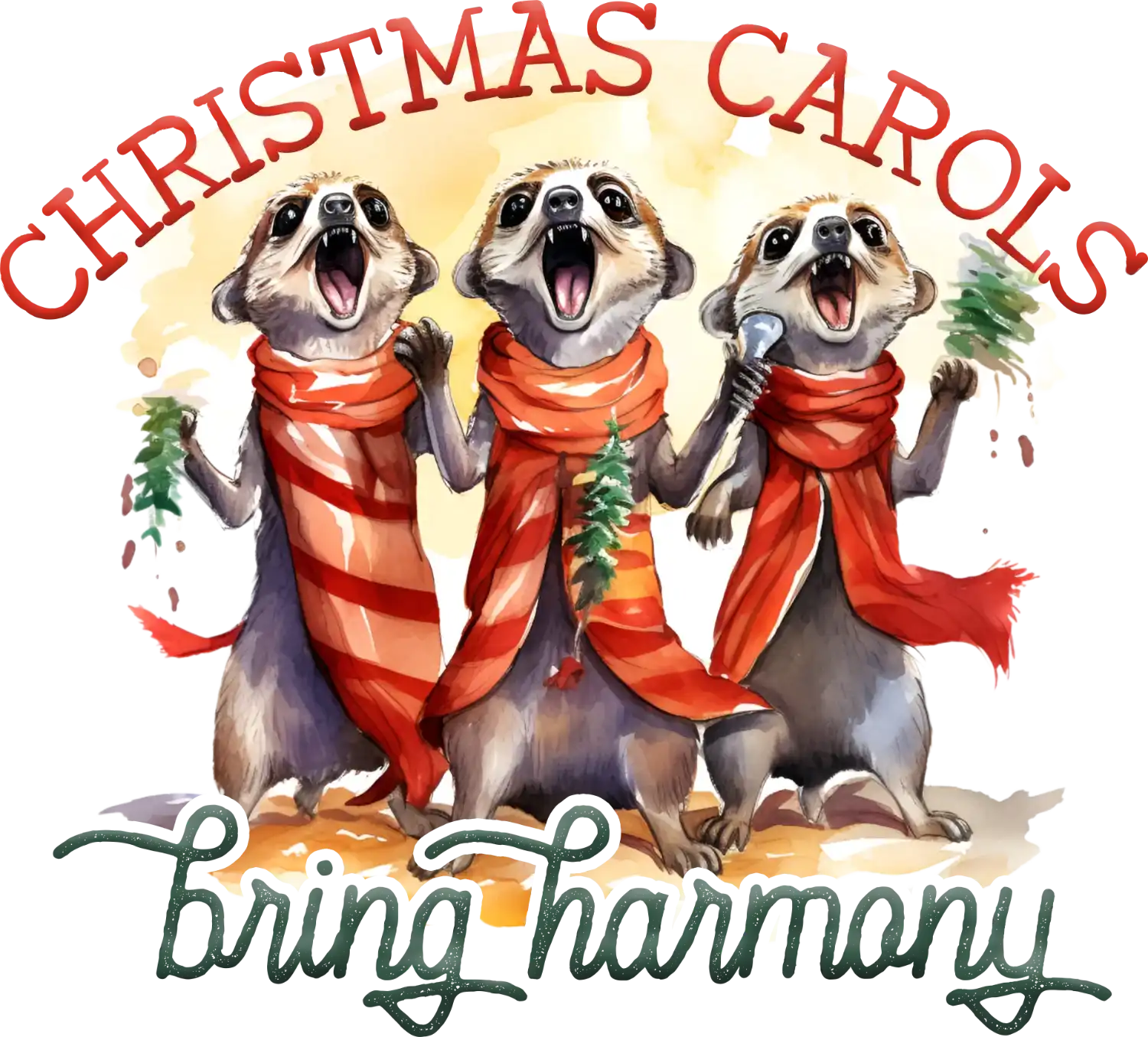 Three cheerful meerkats wearing red scarves singing Christmas carols, ready to press dtf transfer with festive holiday theme