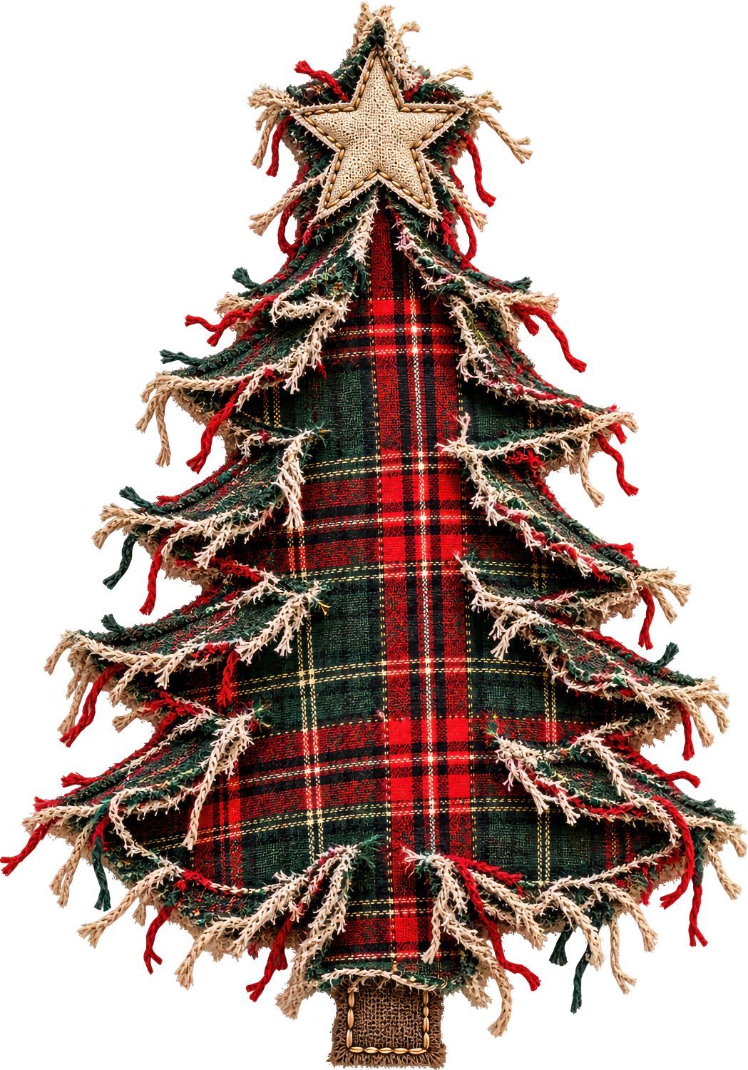 Rustic plaid Christmas tree with burlap star topper and red tassel trim, ready to press dtf transfer