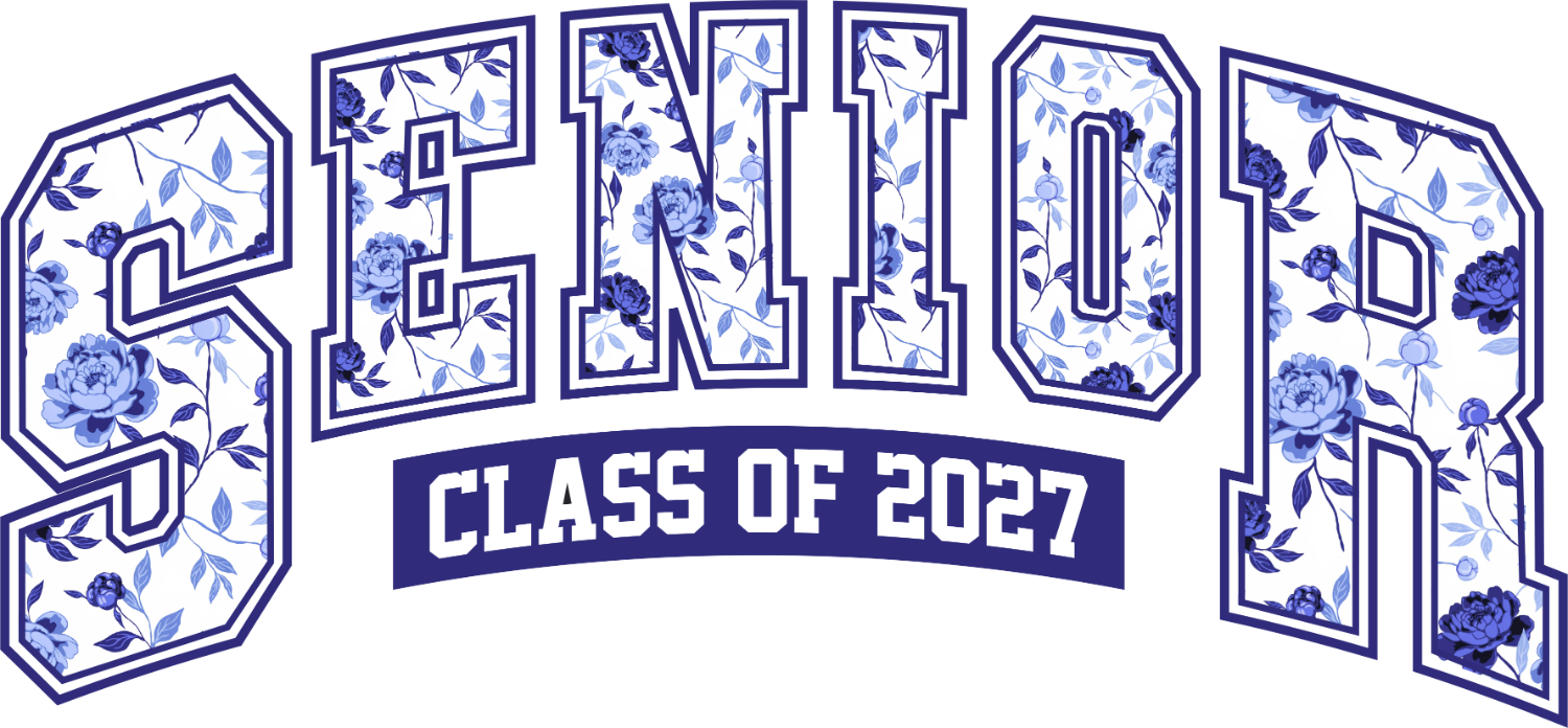Senior 2027 bold blue floral DTF transfer with intricate botanical pattern, ready to press dtf transfer