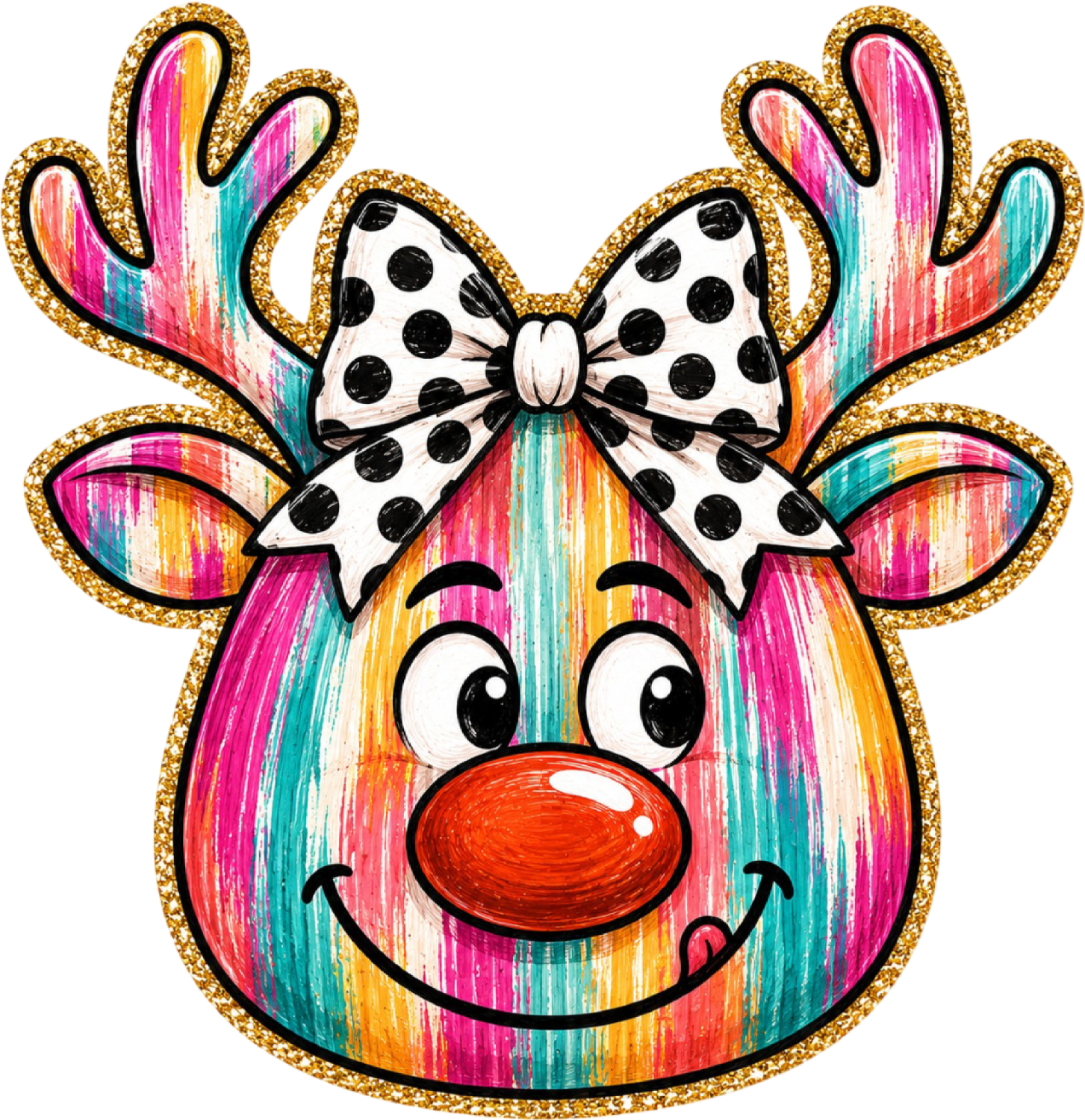 Vibrant rainbow striped reindeer face with red nose, polka dot bow, and gold glitter border ready to press dtf transfer