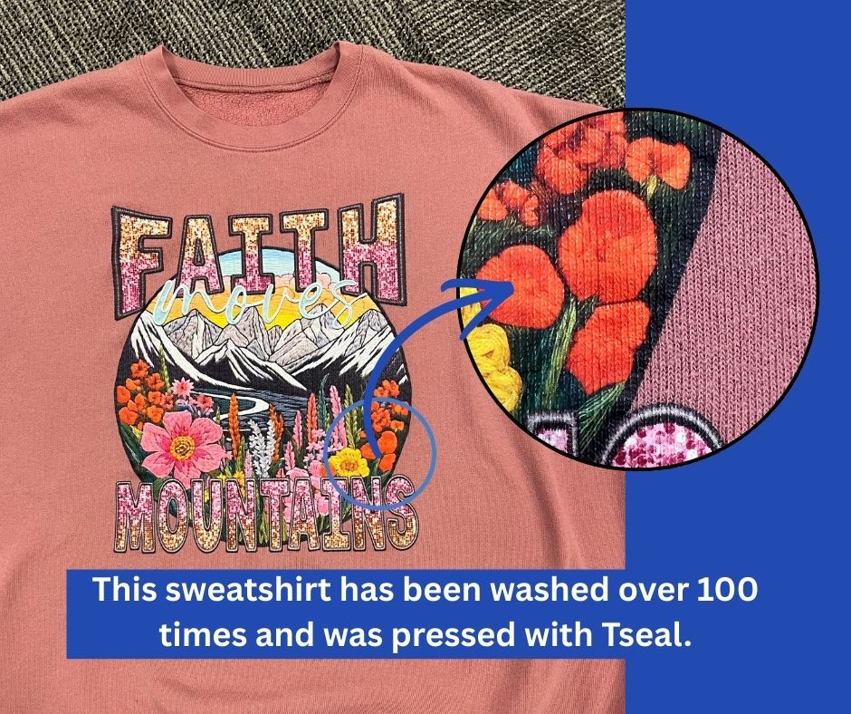 Sweatshirt pressed with Tseal washed over 100 times