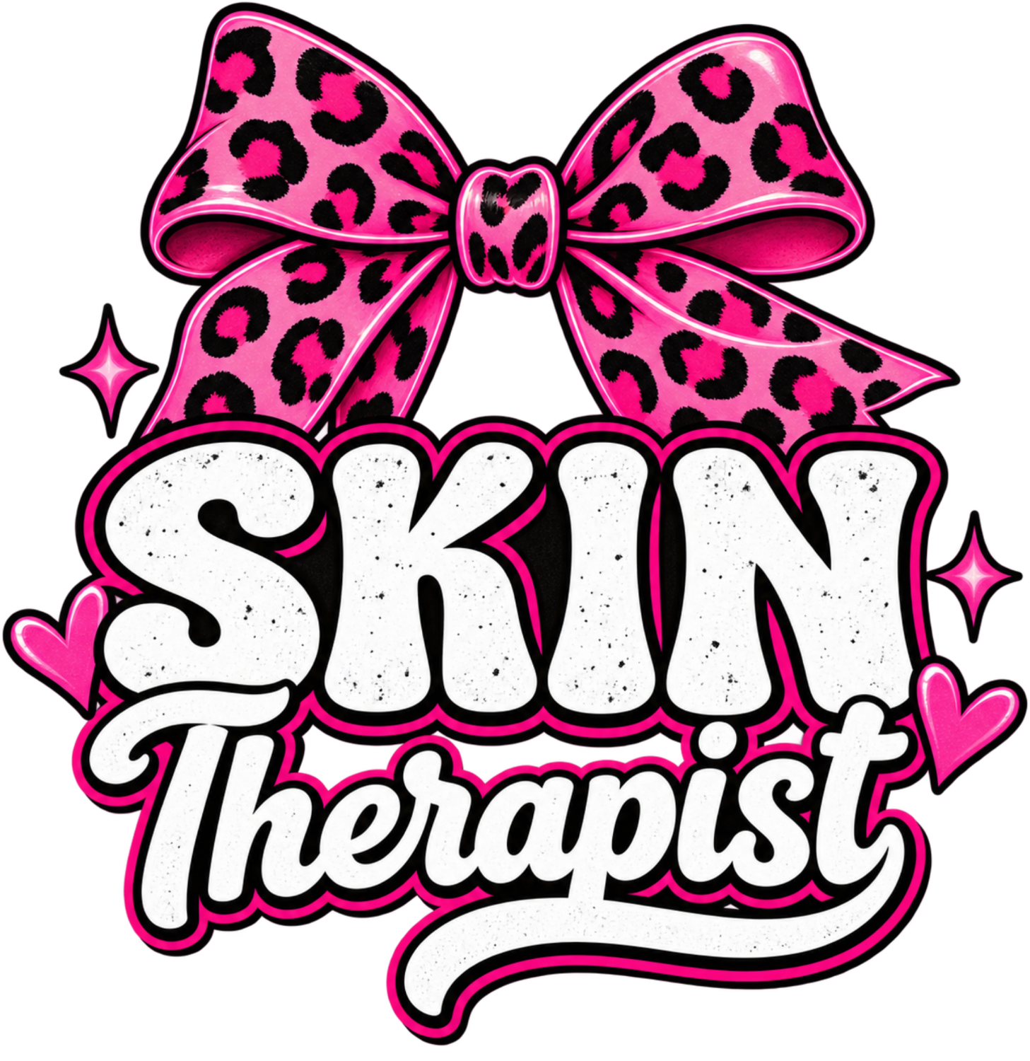 Pink leopard print bow with "Skin Therapist" text and hearts, ready to press dtf transfer