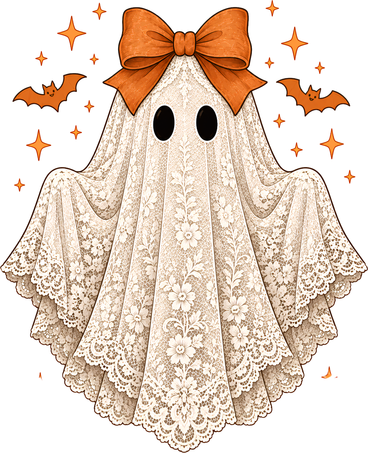 Cream lace ghost with orange bow and bats, ready to press dtf transfer with vintage floral details