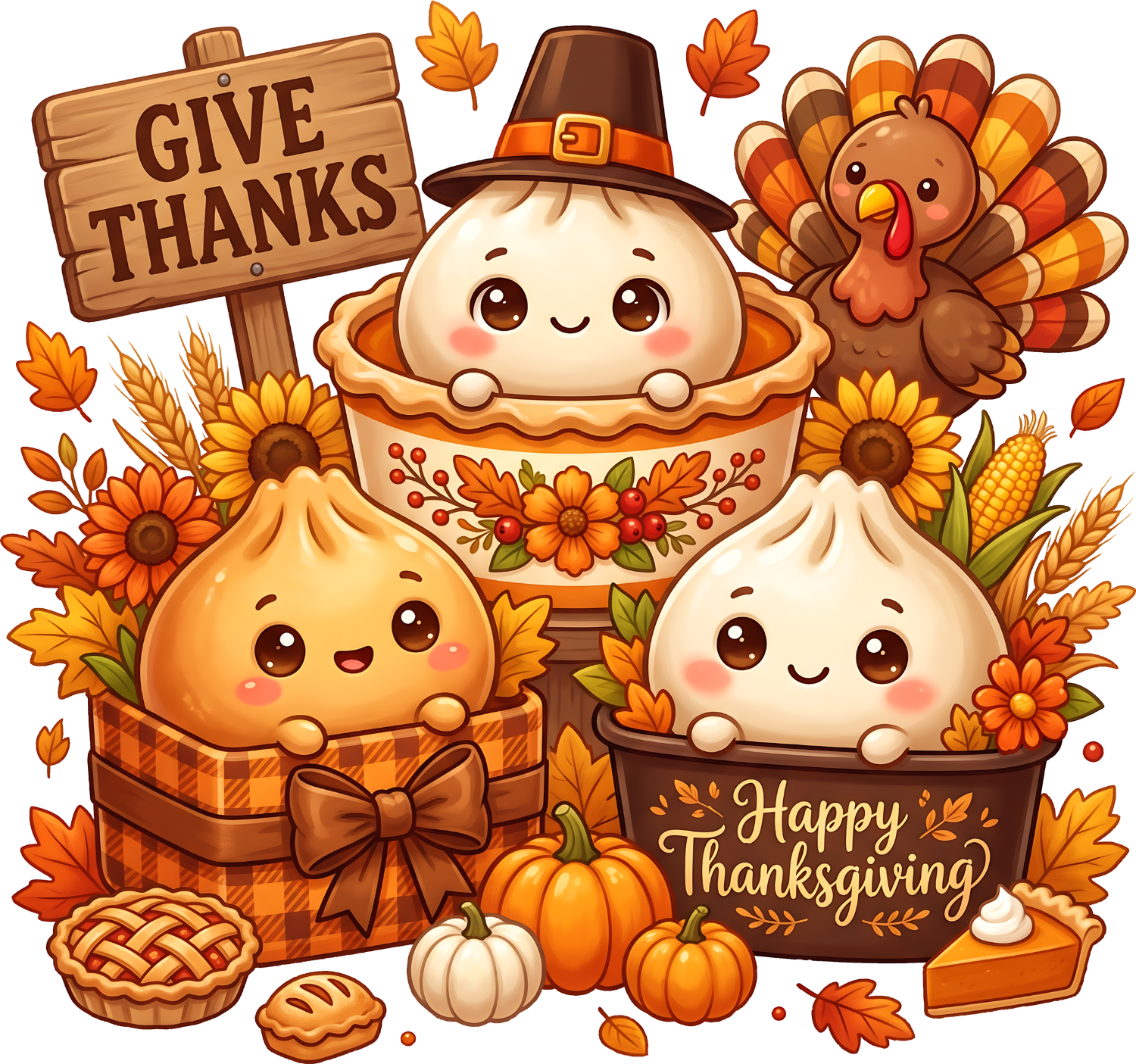 Adorable Give Thanks Thanksgiving design with cute characters in baskets, ready to press DTF transfer with fall colors