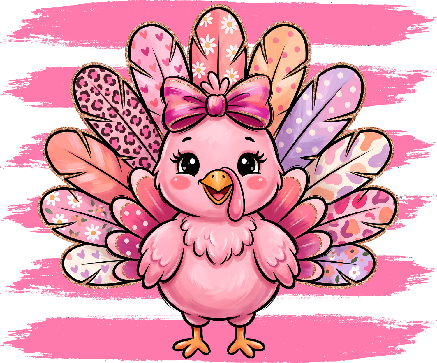 Cute pink bird character with colorful patterned peacock feathers, pink bow, and happy expression—ready to press dtf transfer