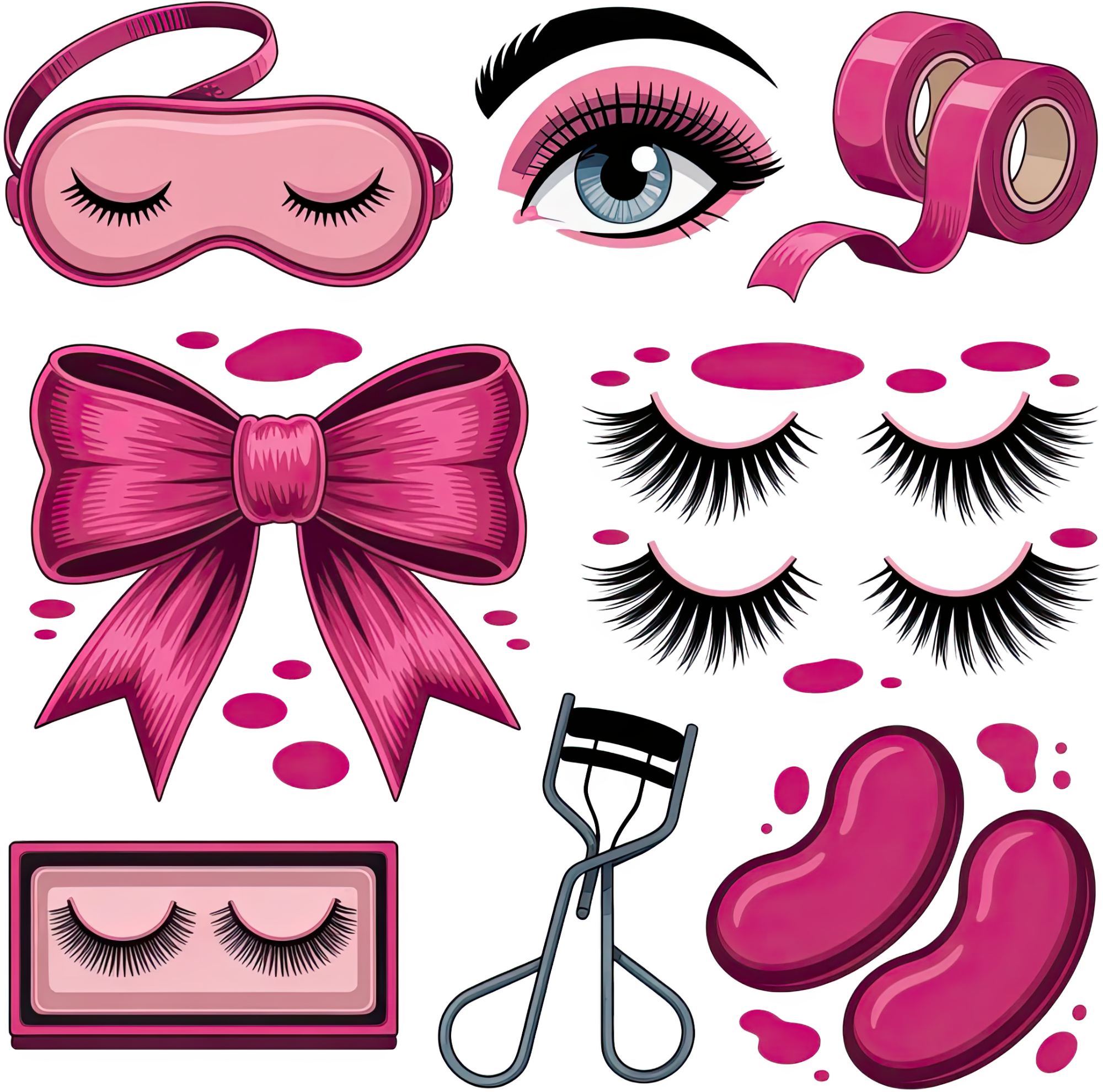 Pink beauty essentials collection including sleep mask, eye, lashes, bow, tape, and curler—ready to press dtf transfer