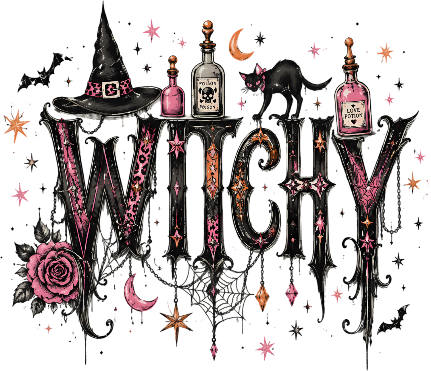 Witchy Vibes design with gothic black and pink lettering, potion bottles, black cat, witch hat, and roses - ready to press dtf transfer