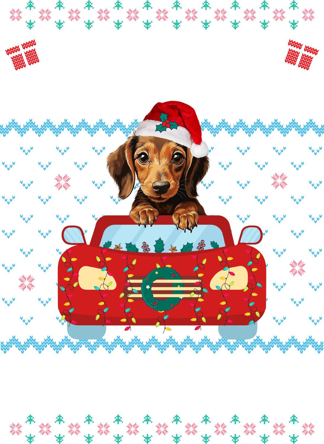 Adorable dachshund wearing Santa hat driving red festive car, ready to press dtf transfer with holiday design