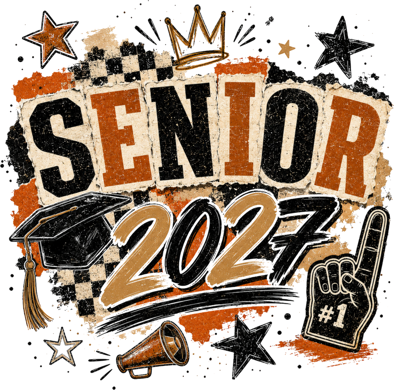 Vibrant senior 2027 graduation design with gold crown, black and orange colors, ready to press dtf transfer for custom tees