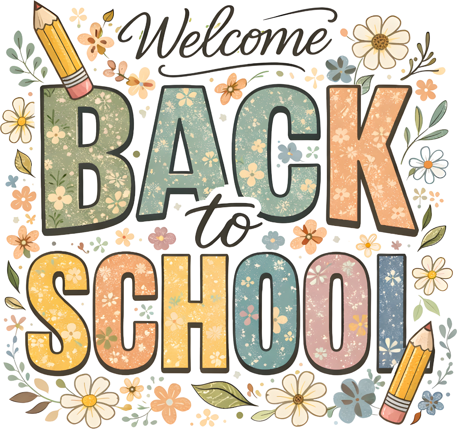 Colorful floral welcome back to school design with pencils and daisies, ready to press dtf transfer