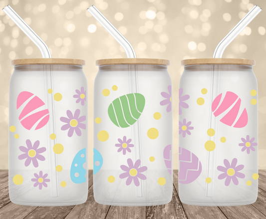 Easter Eggs and Flowers 16 oz Glass Can