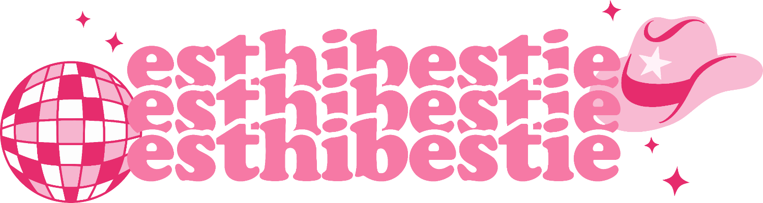 Hot pink disco ball and cowboy hat with repeating Esthi Bestie text, ready to press dtf transfer