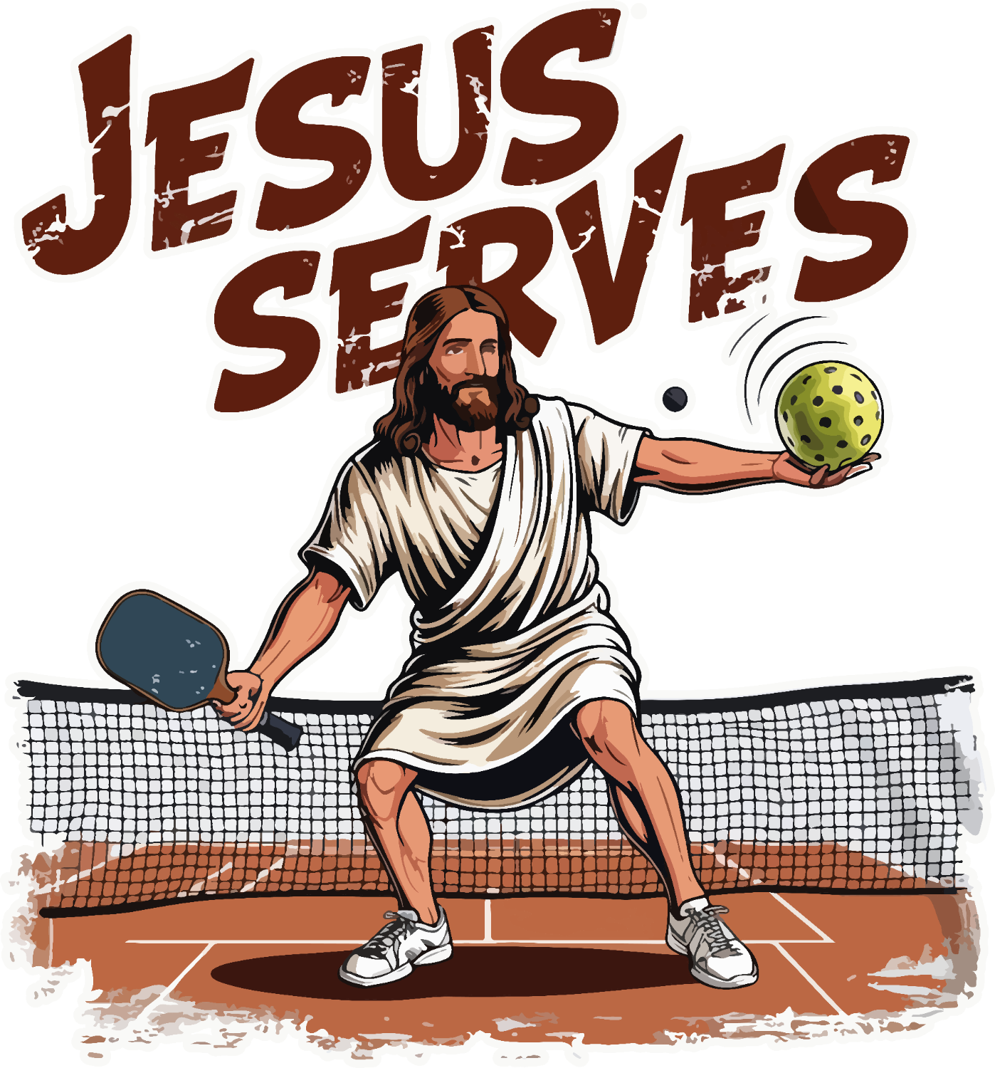 Illustration of Jesus playing pickleball with yellow ball and paddle on clay court, ready to press dtf transfer