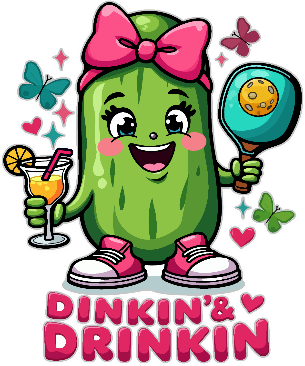 Bright green pickle character with pink bow holding drink and paddle, ready to press dtf transfer