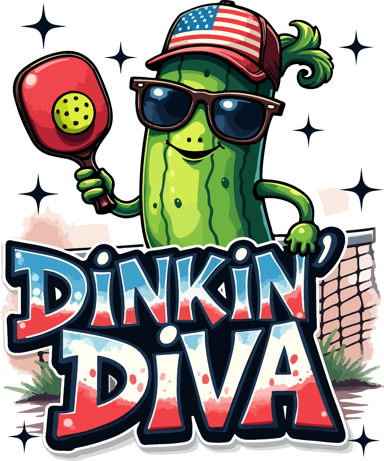 Cartoon green Pickle character wearing American flag baseball cap and dark sunglasses holding red pickleball paddle, ready to press dtf transfer