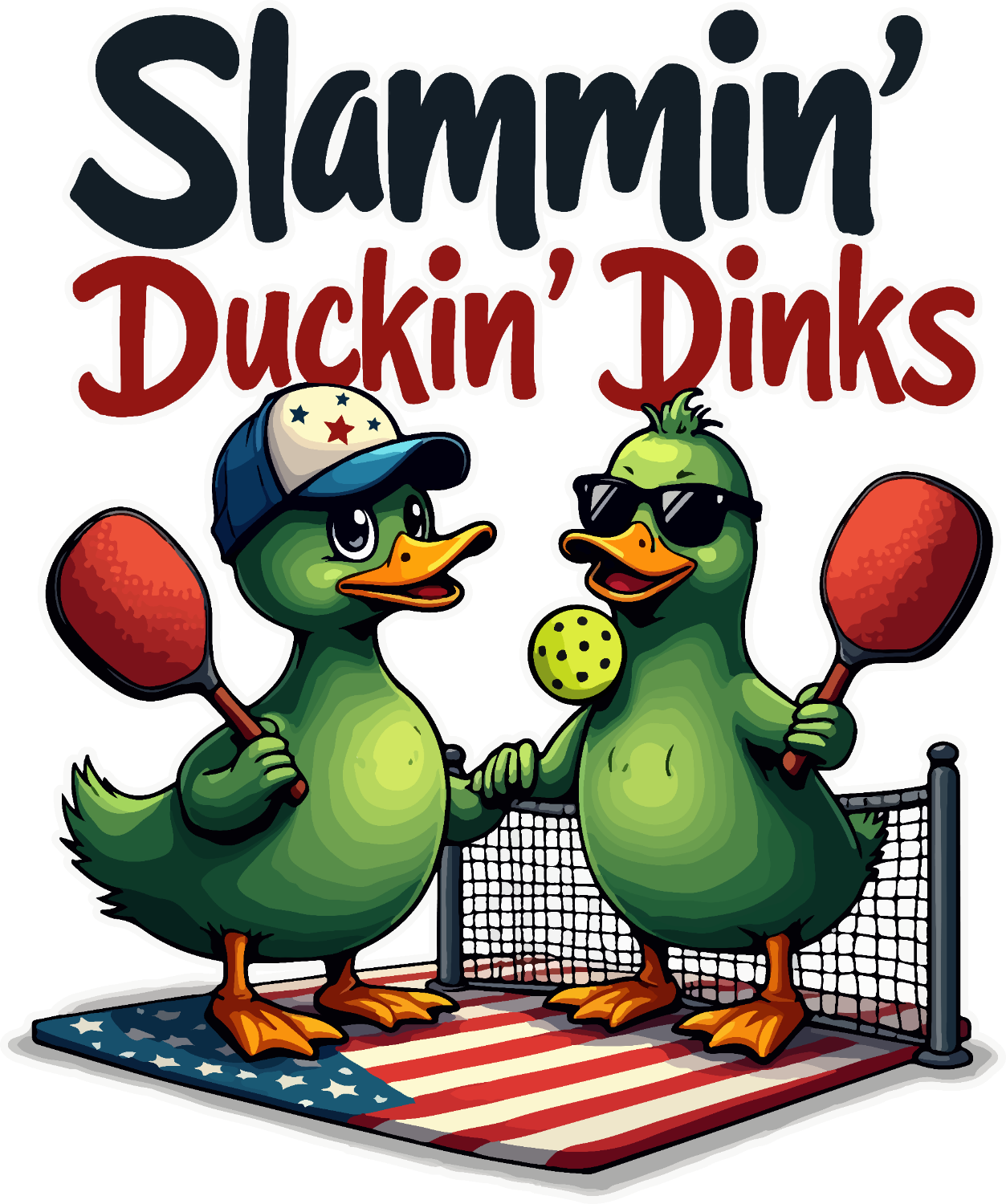 Two cartoon green ducks holding red pickleball paddles with a yellow ball and net on an American flag background, ready to press dtf transfer