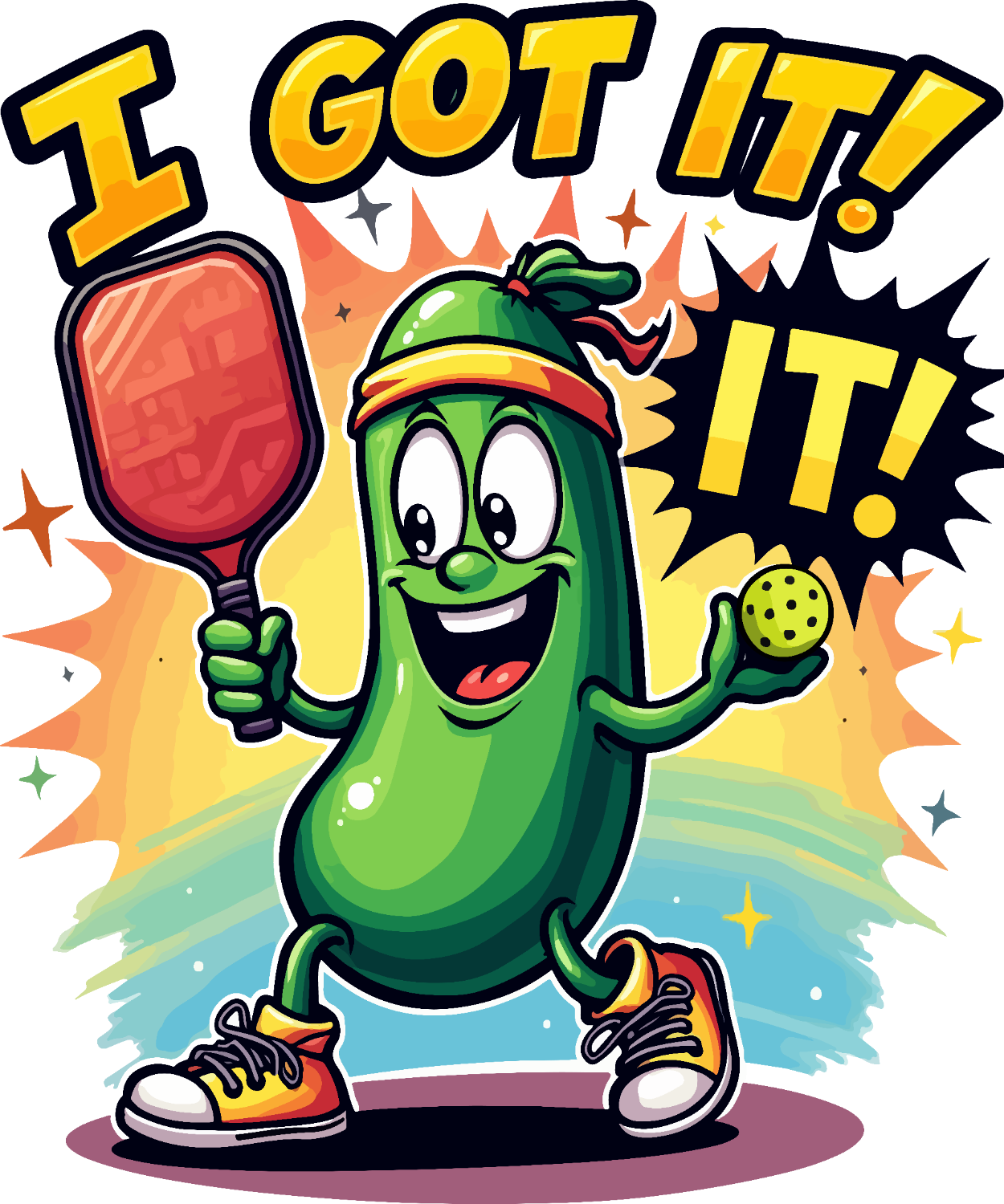 Cartoon green pickle character holding paddle and ball, yellow 'I Got It' text, ready to press dtf transfer