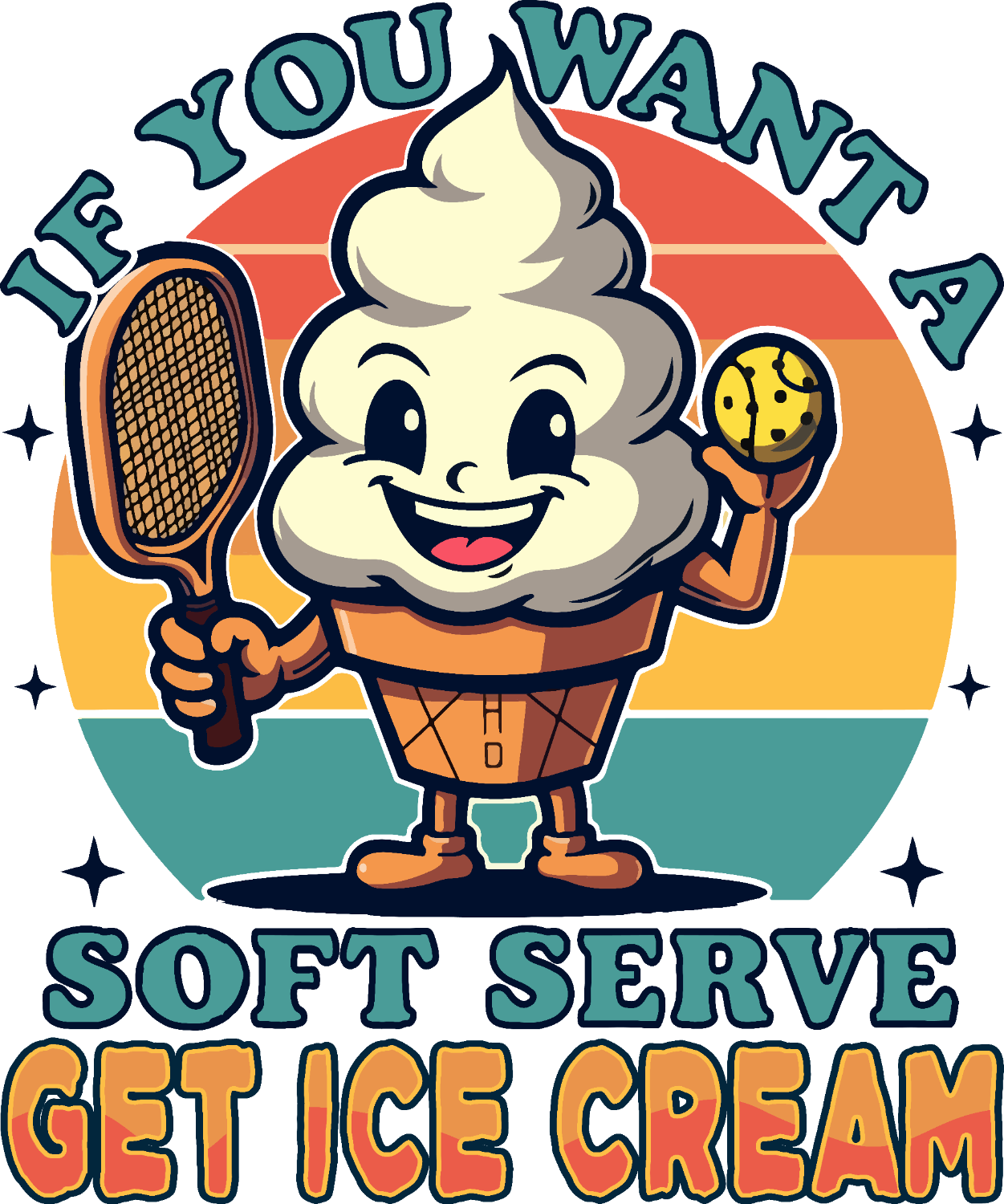 Cheerful ice cream cone mascot holding tennis racket and lollipop, ready to press dtf transfer with retro sunset gradient